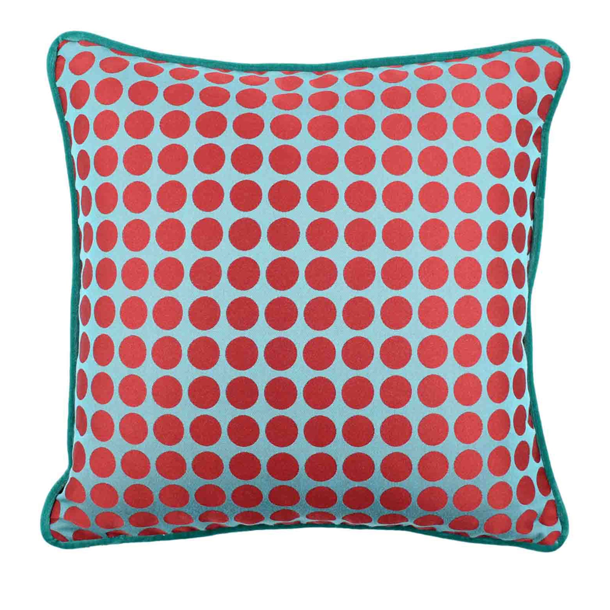 Light Blue and Red Carrè Cushion in polka dots jacquard fabric - Main view