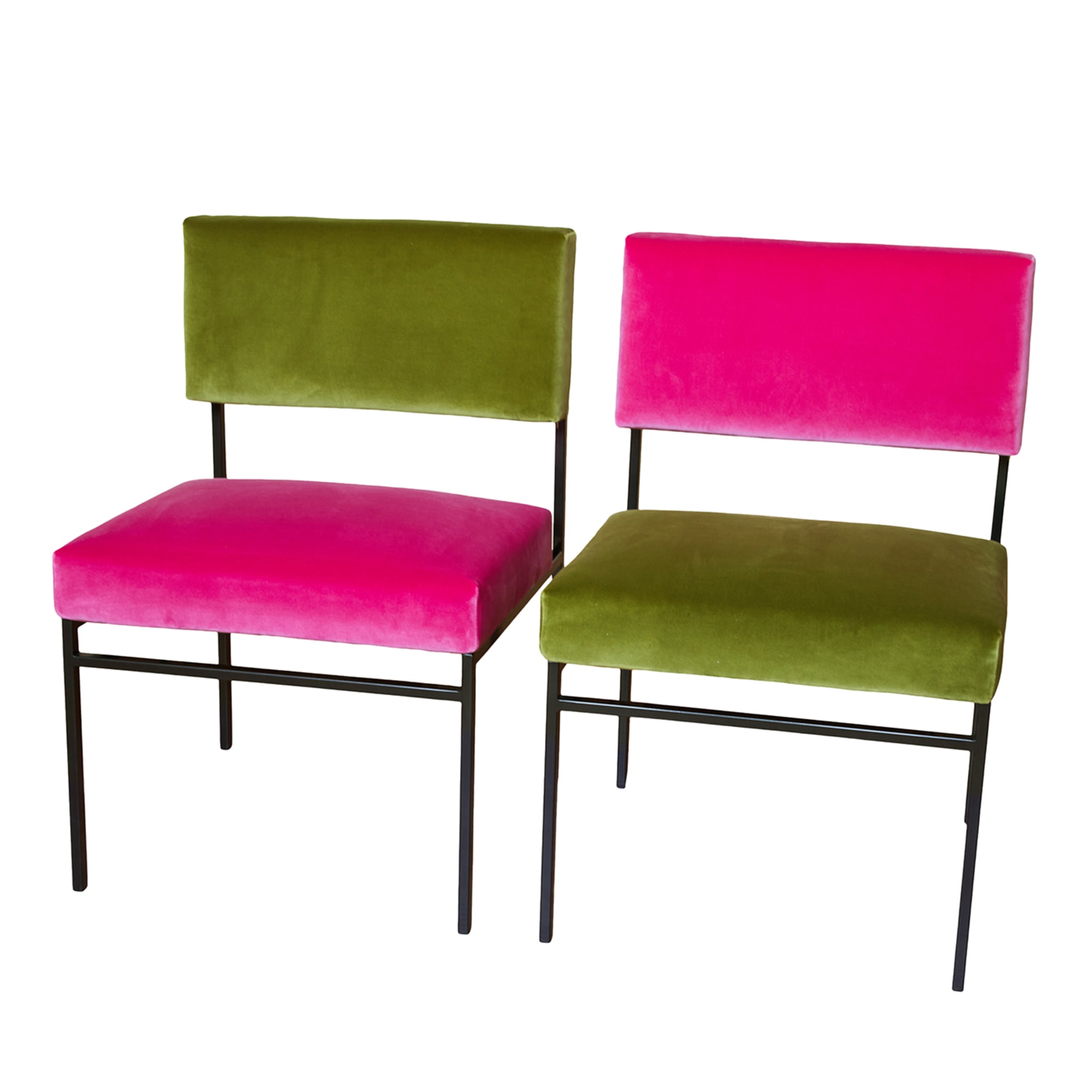 2er-Set Aurea-Esszimmerstühle aus fuchsiafarbenem und grünem Samt - Hauptansicht