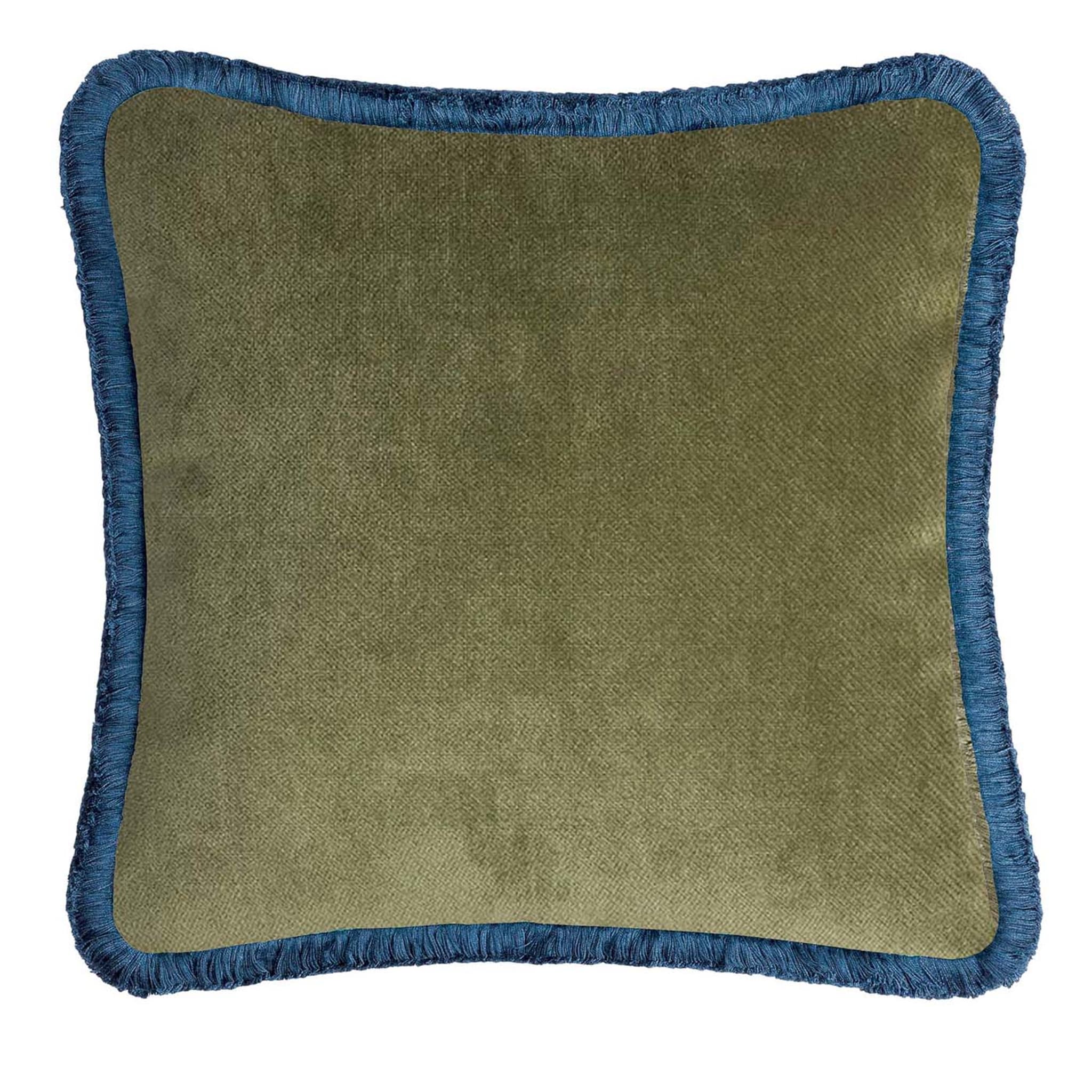 Happy Soft Velvet Olive Green and Blue Cushion  - Main view