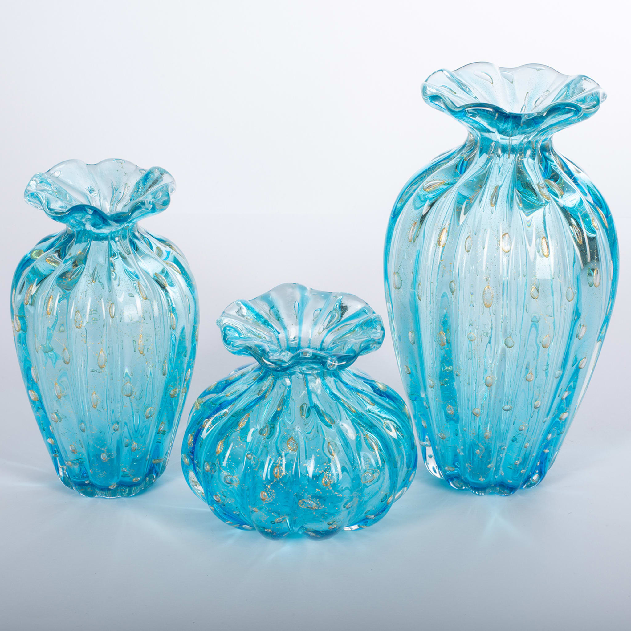 1950 Ensemble de 3 vases bleu clair avec bulles d'or - Vue alternative 2
