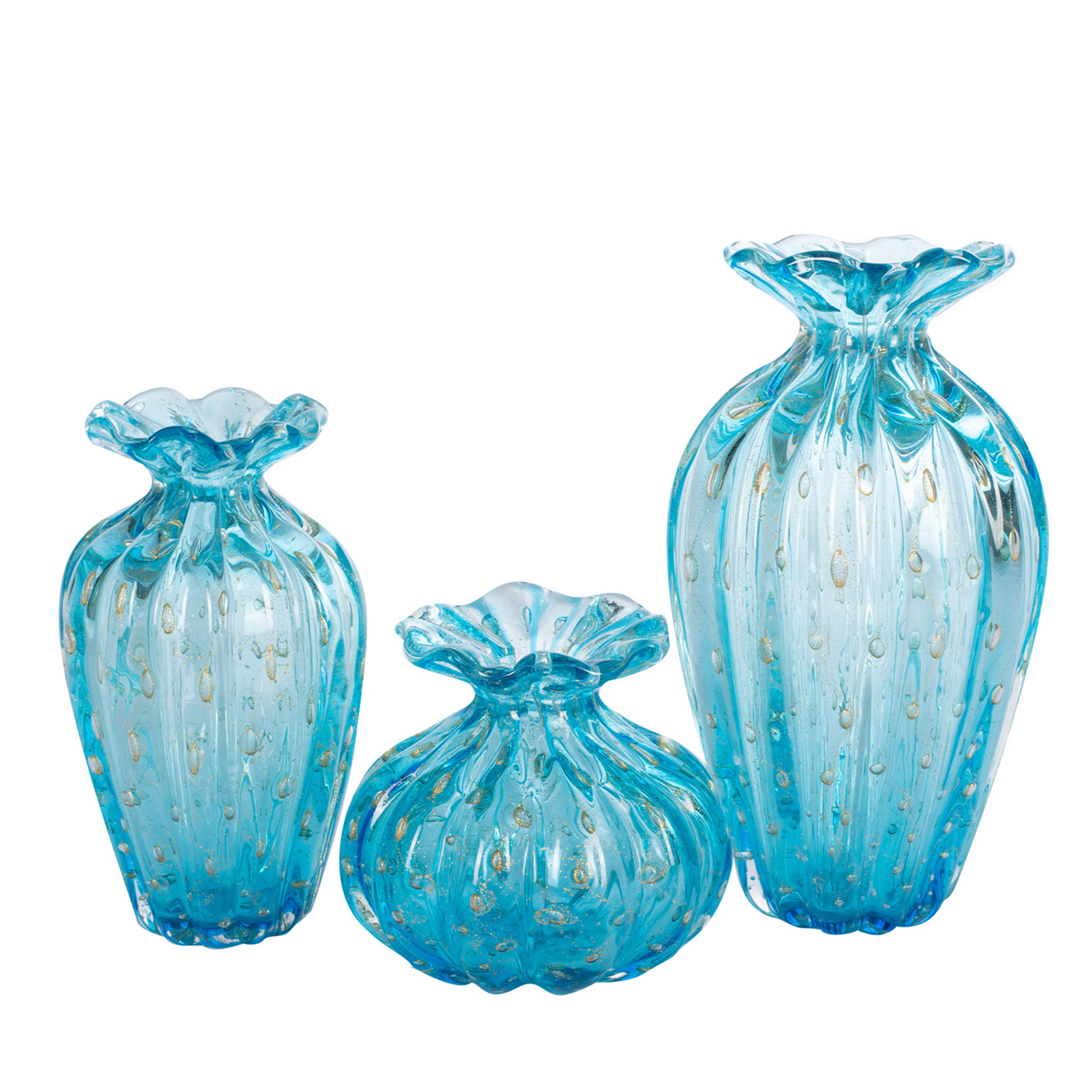 1950 Ensemble de 3 vases bleu clair avec bulles d'or - Vue principale