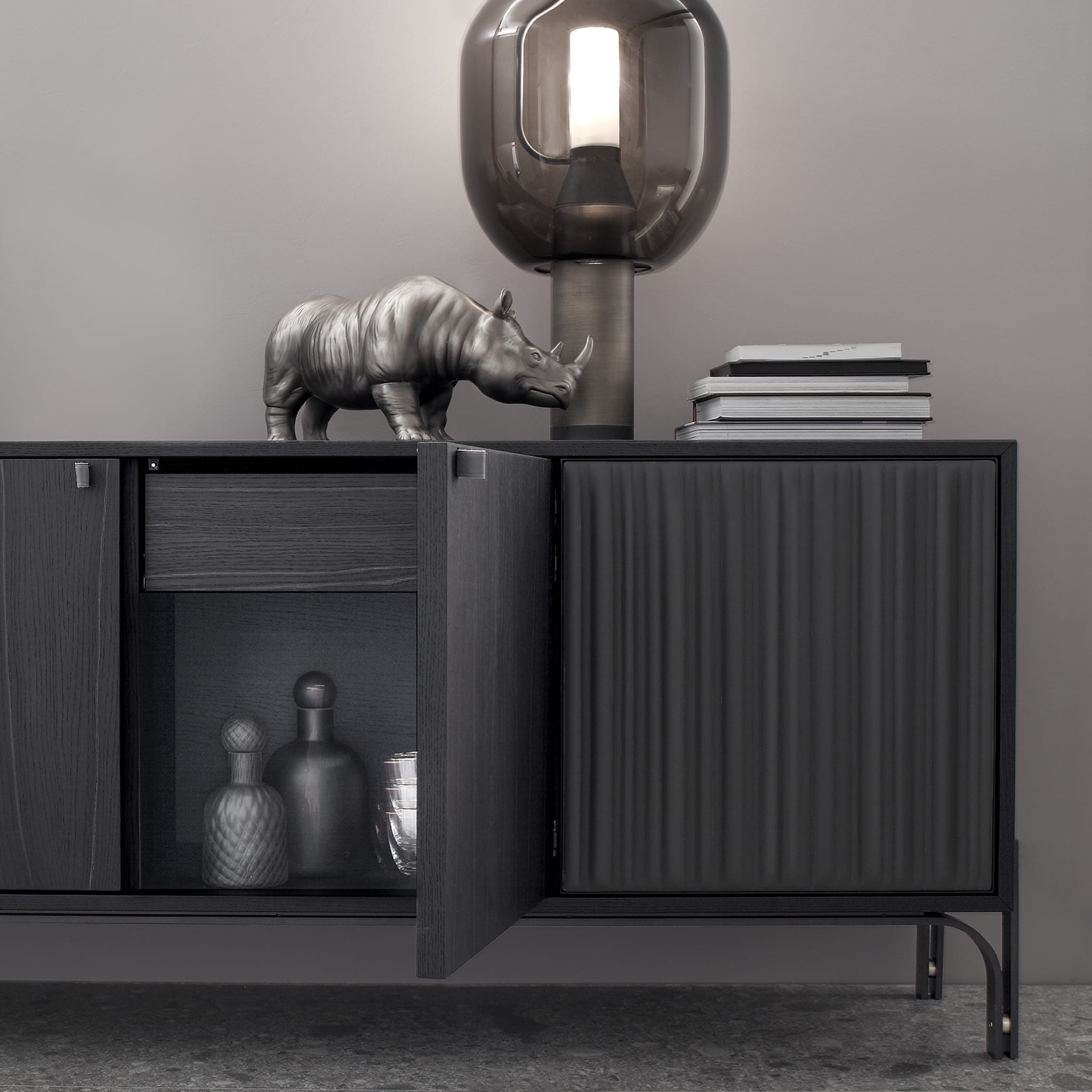 Canette 2-Door Anthracite-Gray Nubuck Leather & Oak Sideboard - Alternative view 4