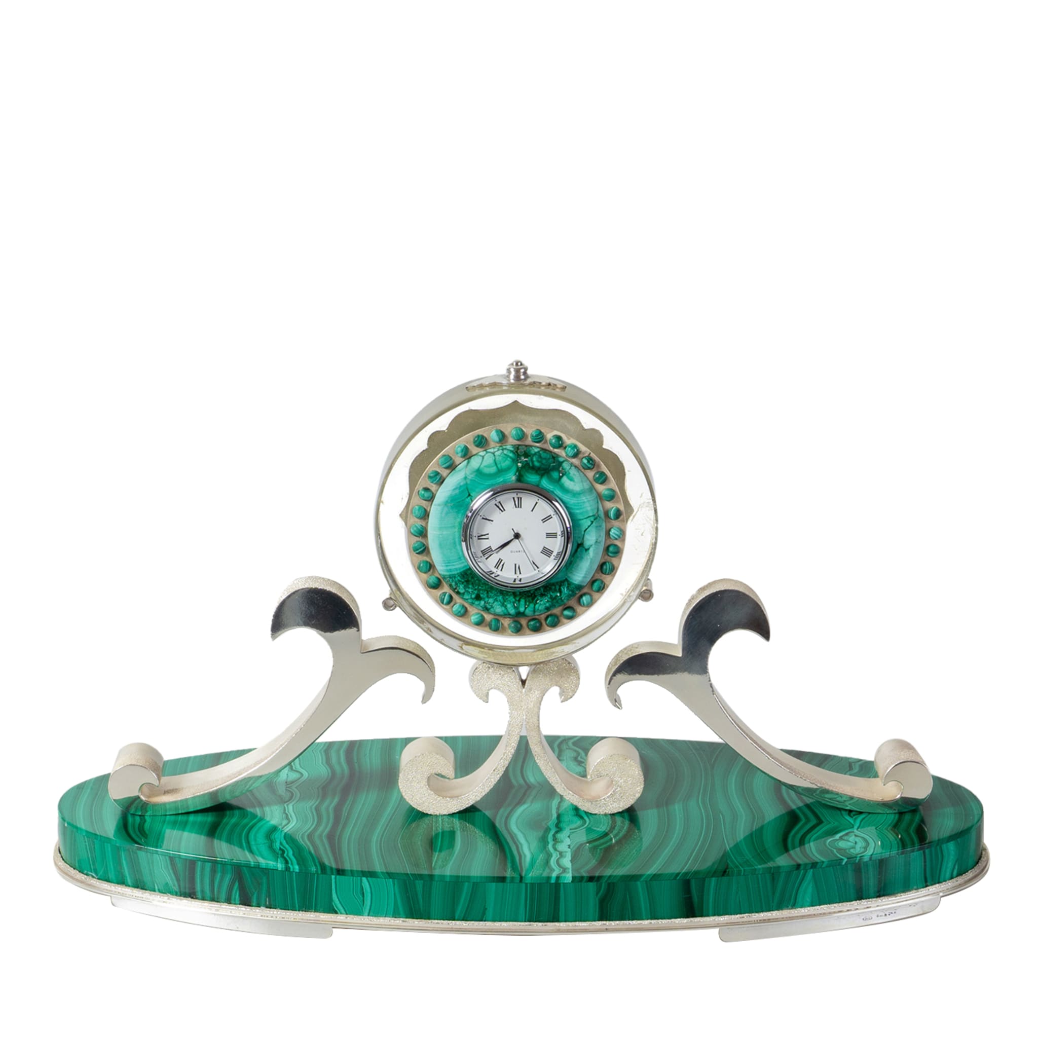 Horloge de bureau en malachite, quartz cristal et argent - Vue principale