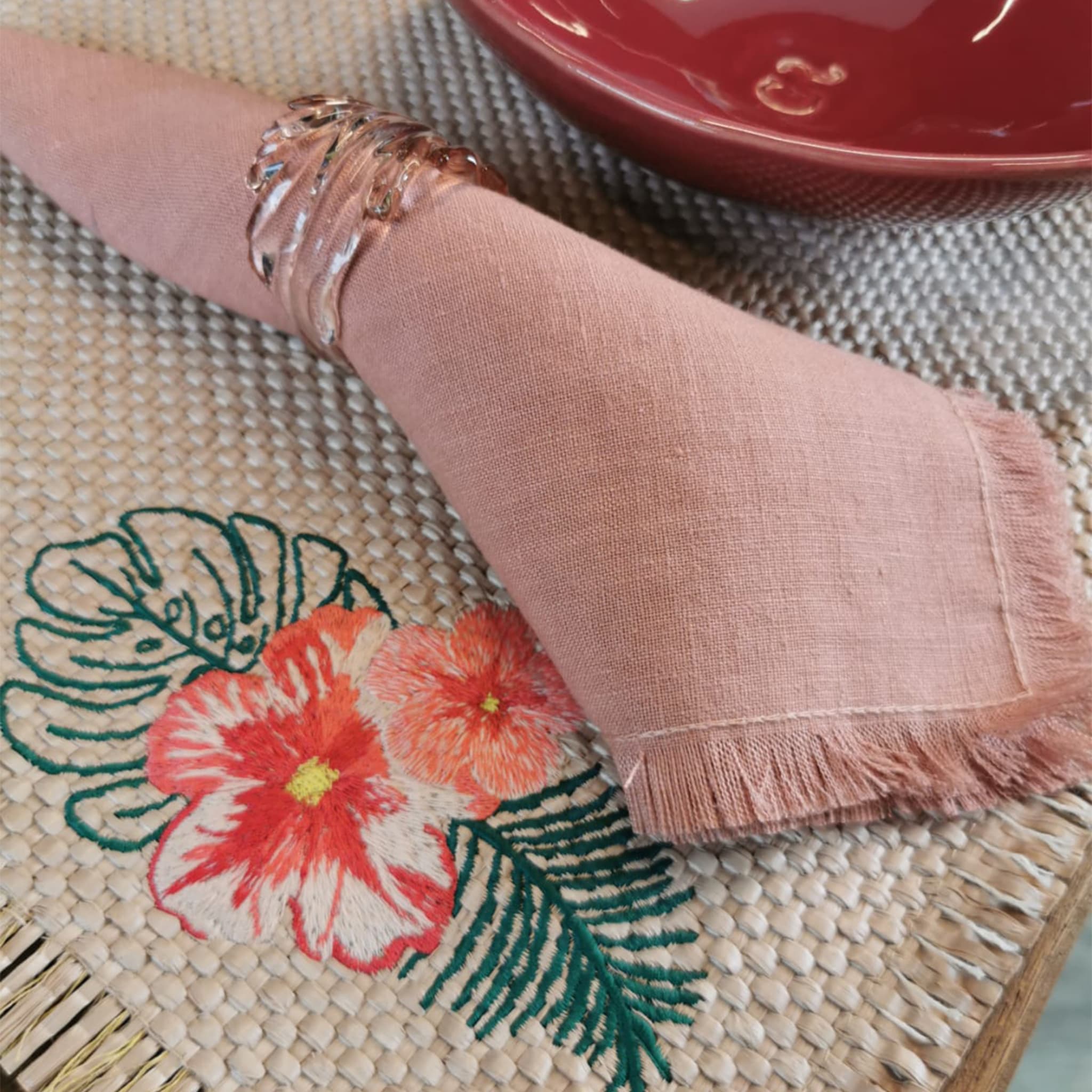  Set of 4 Luxury Hand-Fringed Silver-Pink Pure Linen Napkins - Alternative view 1