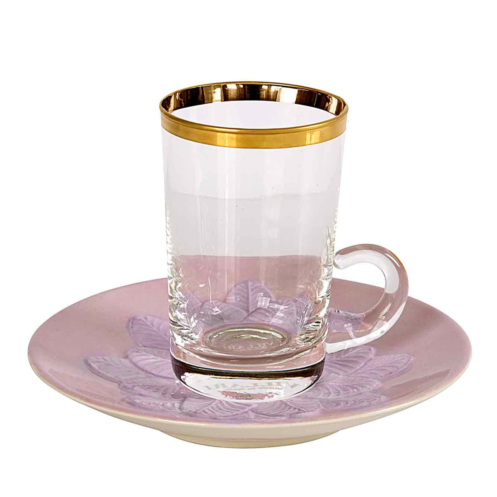PEACOCK PINK AND GOLD TEA CUP AND SAUCER - Main view