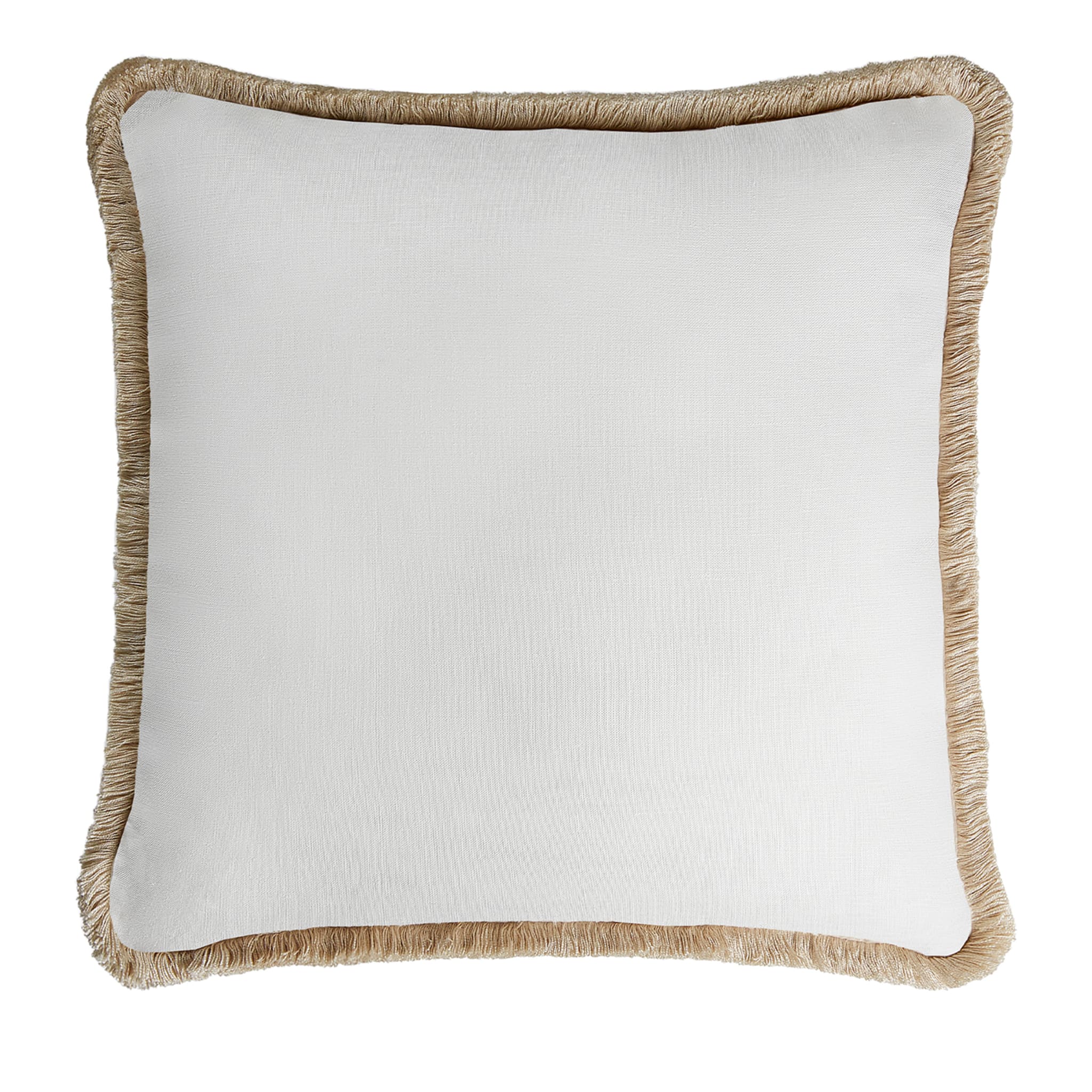 White With Beige Fringes Happy Linen Cushion (Coussin en lin) - Vue principale