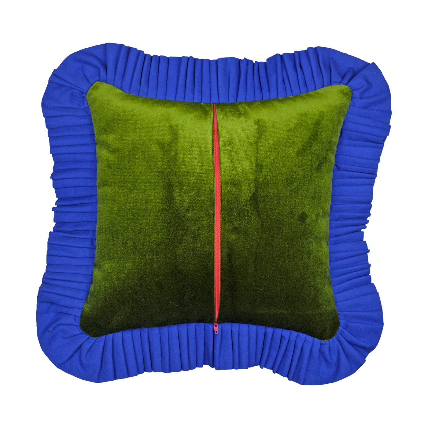 Green Velvet Cushion Cover with Blue Ruffle - In Casa by Paboy