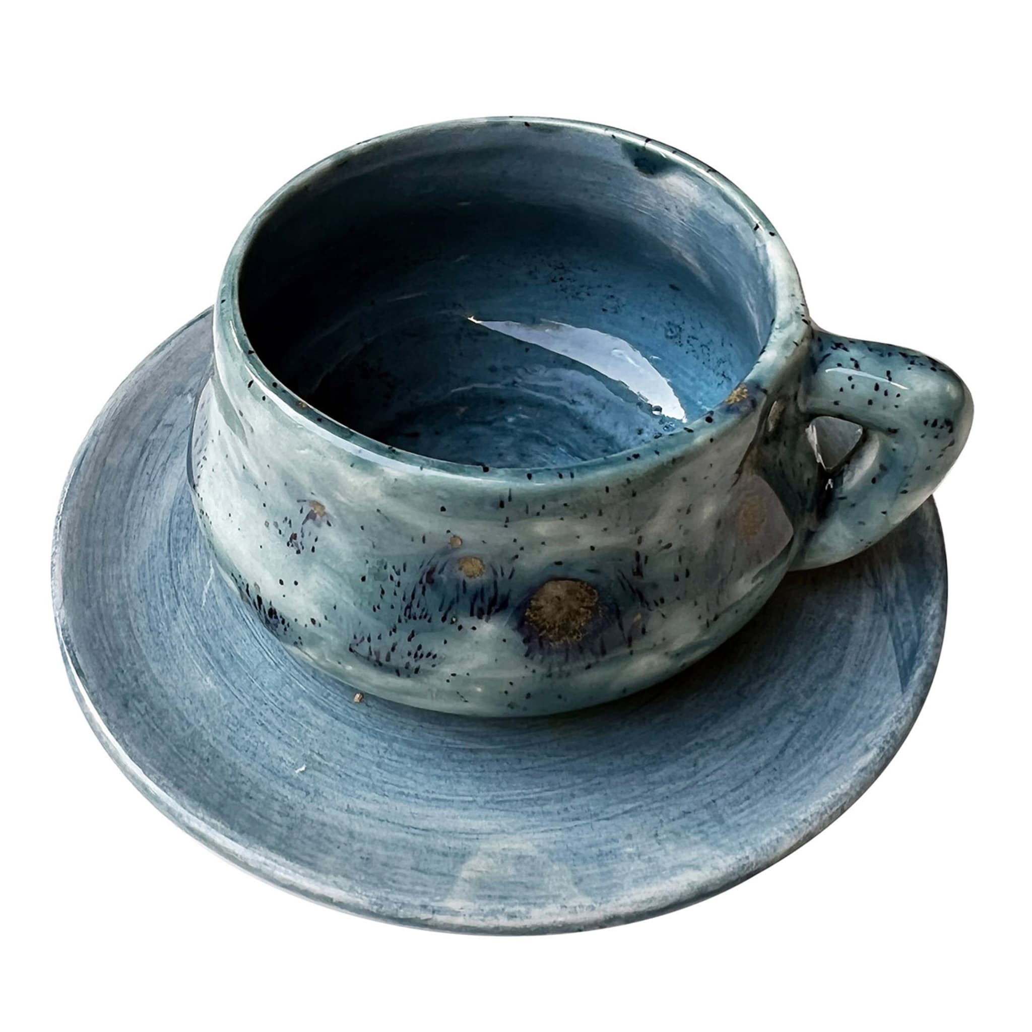 Handmade Pottery Blue Cappuccino Cup & Saucer
