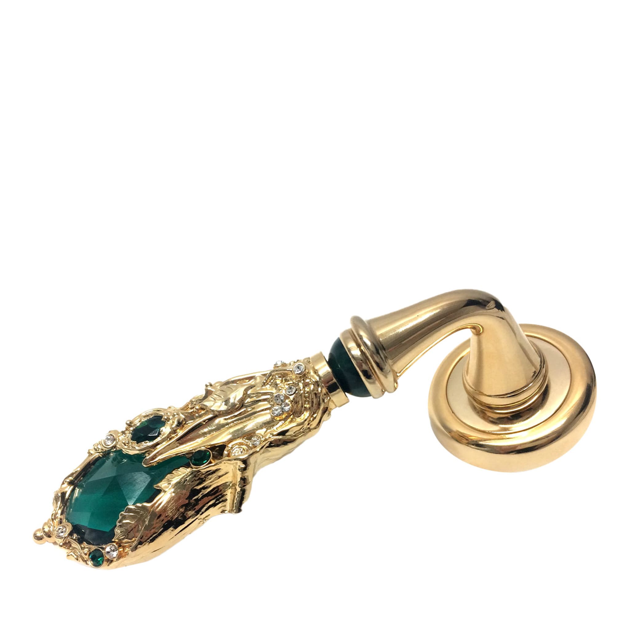 Foglia Verde Golden Lever On Rose Handle with Green Gemstone - Main view