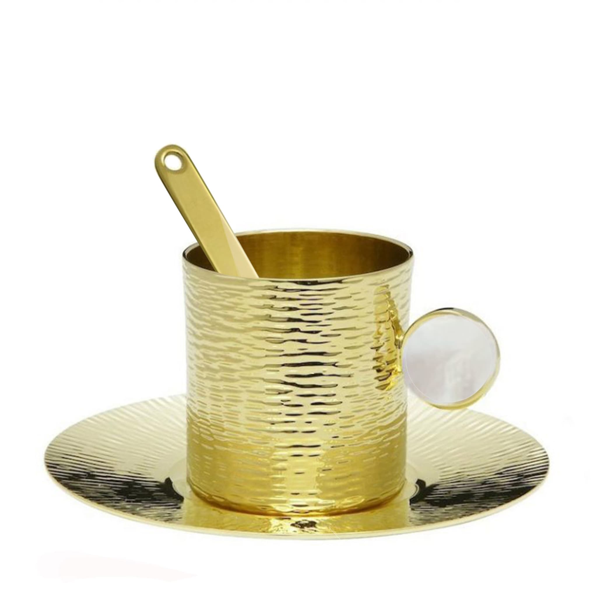 Tazza Demitasse placcata oro con piattino e bastoncino per mescolare  - Vista principale