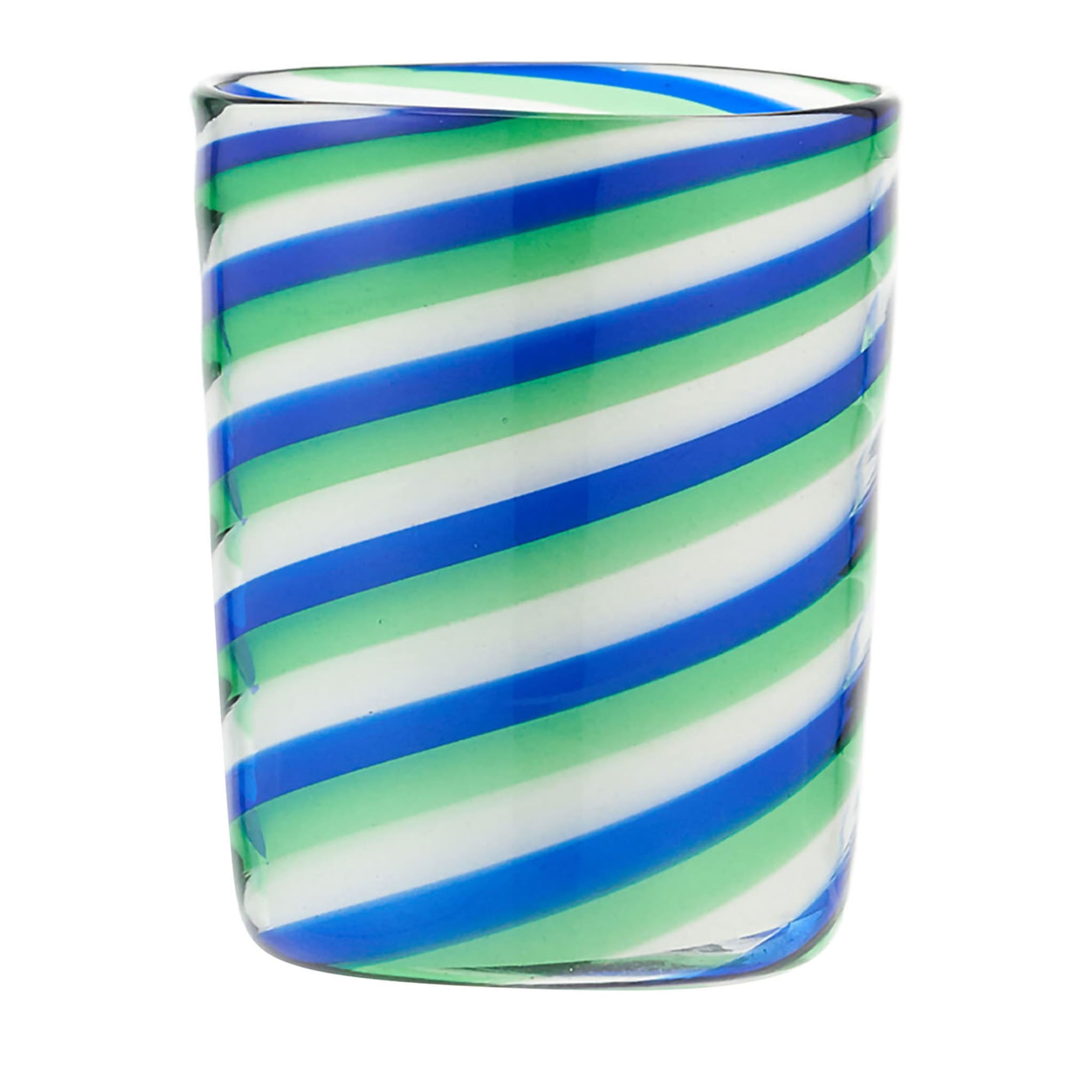 Set di 2 bicchieri da acqua blu e verdi con turbinio arcobaleno, soffiati a bocca  - Vista principale