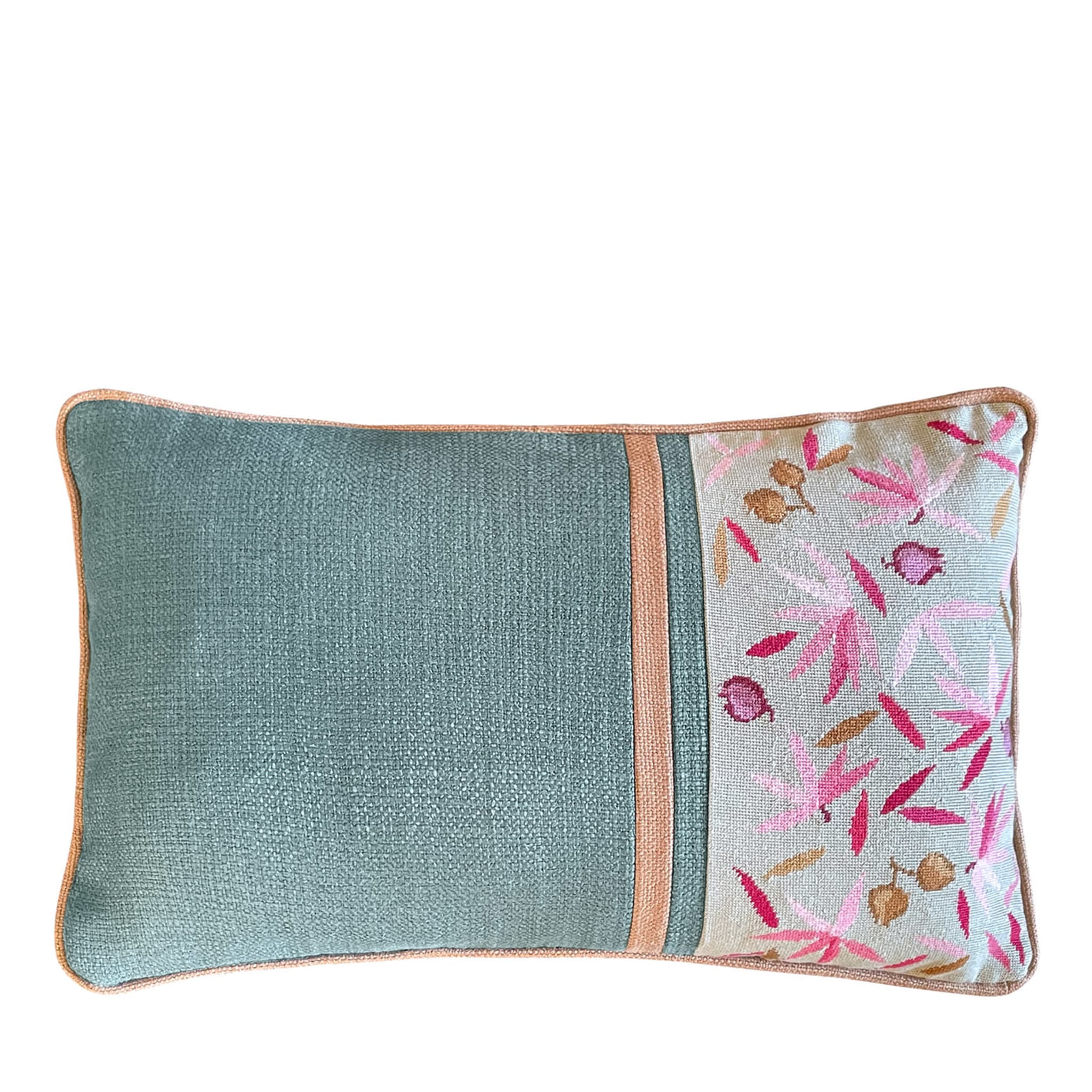 Pink Pattern Leaves Hand-Embroidered rectangular cushion  - Main view
