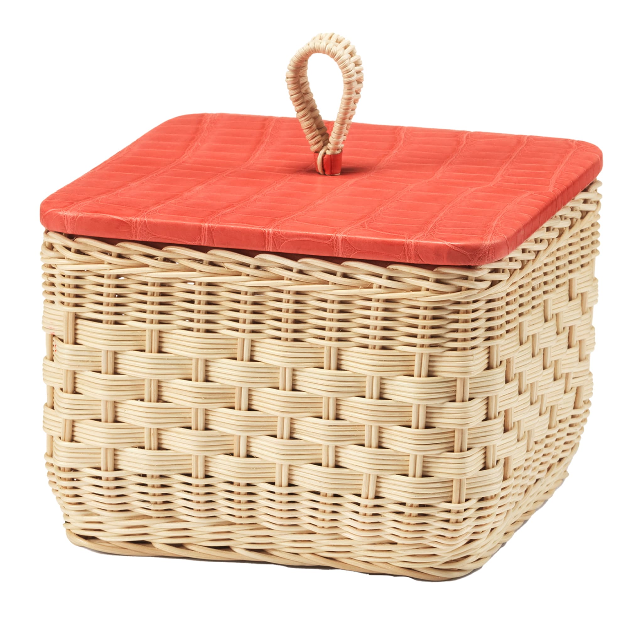 Coralia Square Wicker Box with Wood Lid Covered with Ostrich Leather - Main view