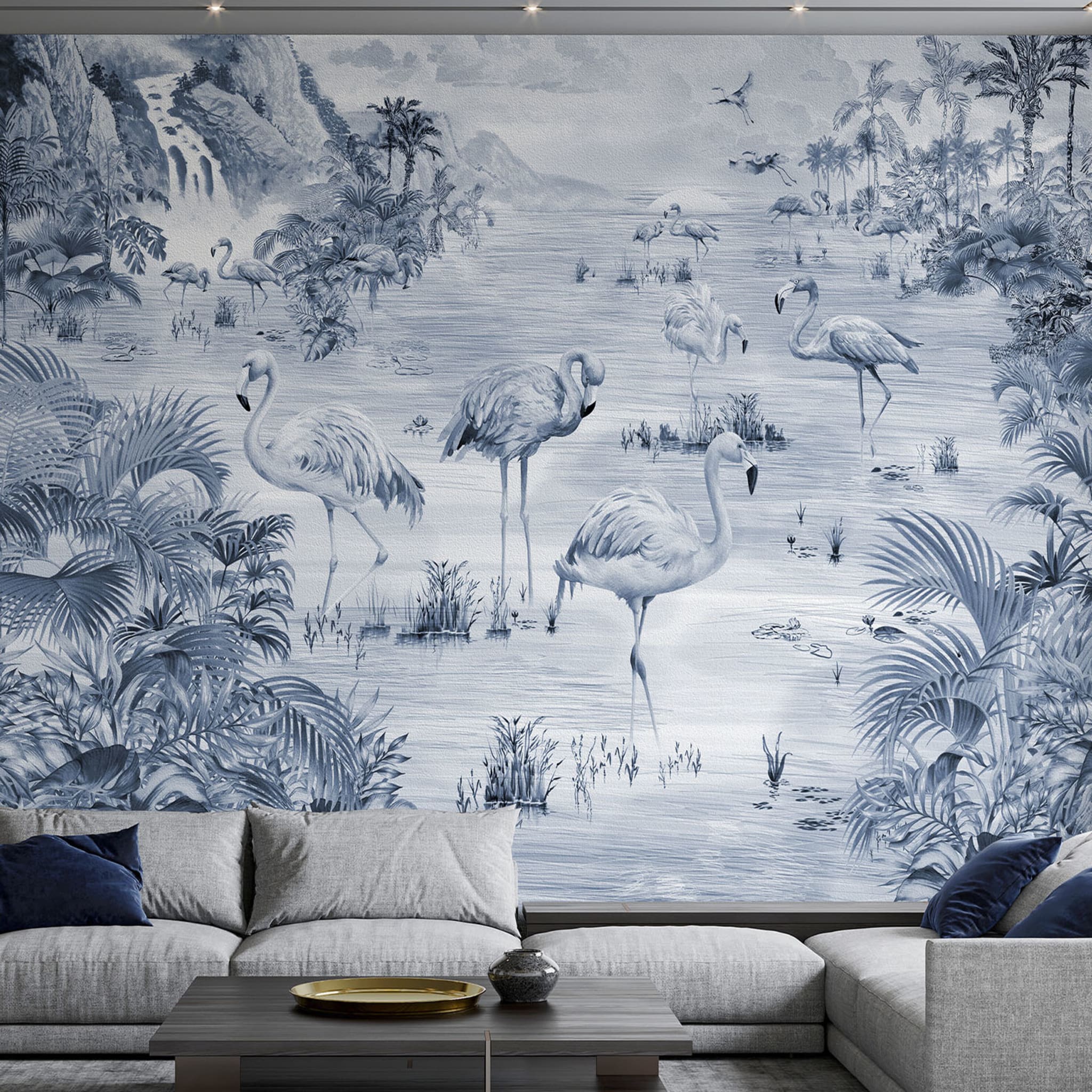 Flamingos Blue Handcrafted Textured Wallpaper - Alternative view 1