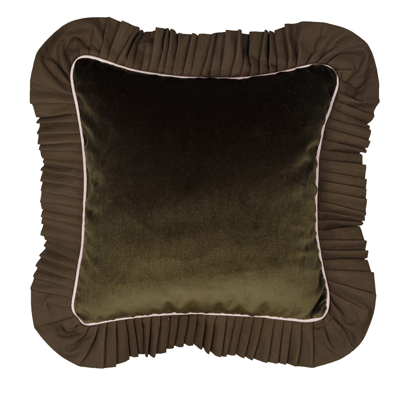 Brown Velvet Cushion Cover with Ruffle and Pink Piping - In Casa by Paboy