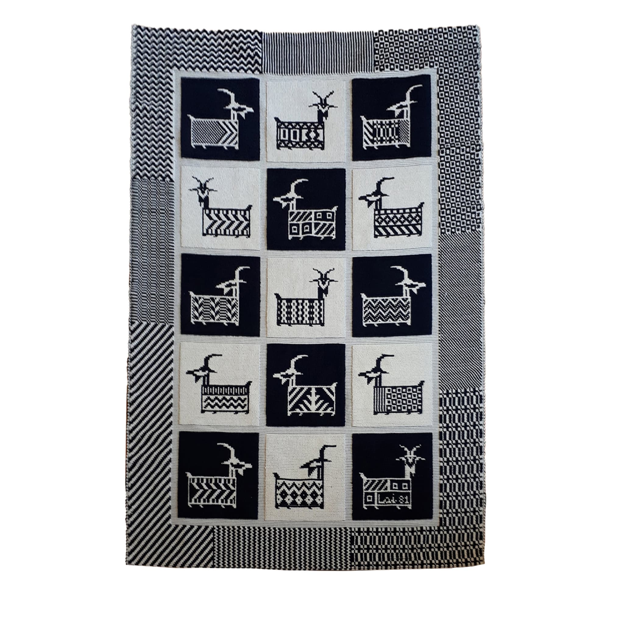 Goats Rectangular Cream & White Checkered Tapestry by Maria Lai - Main view
