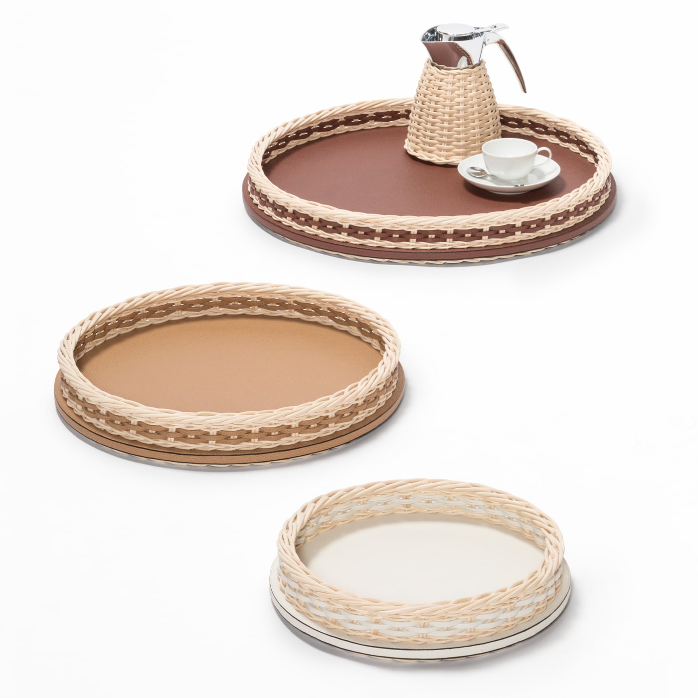 Orsay Dark Brown Leather and Rattan Round Large Tray - Giobagnara