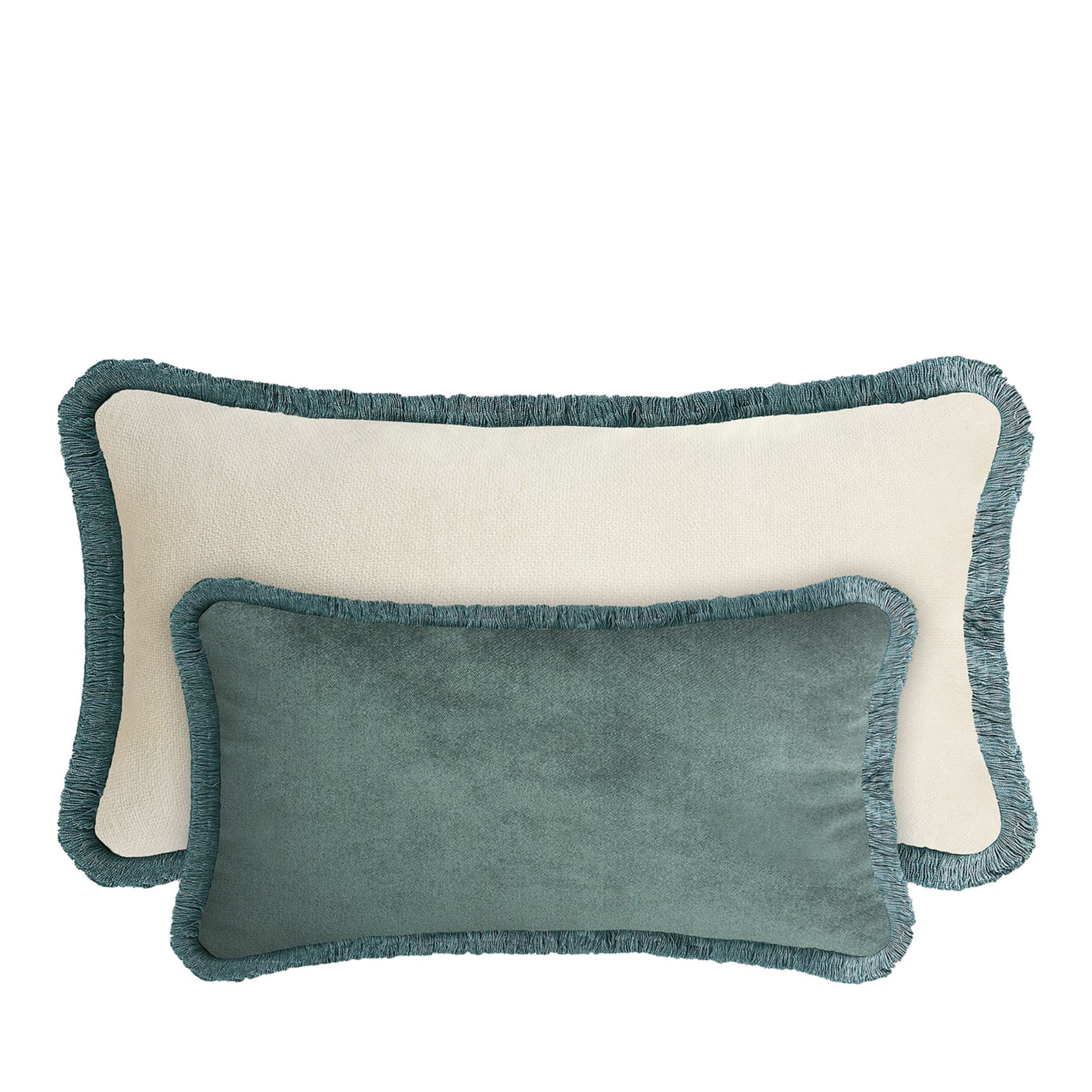 Couple Rectangle Velours Sarcelle et Blanc Coussin Happy - Vue principale