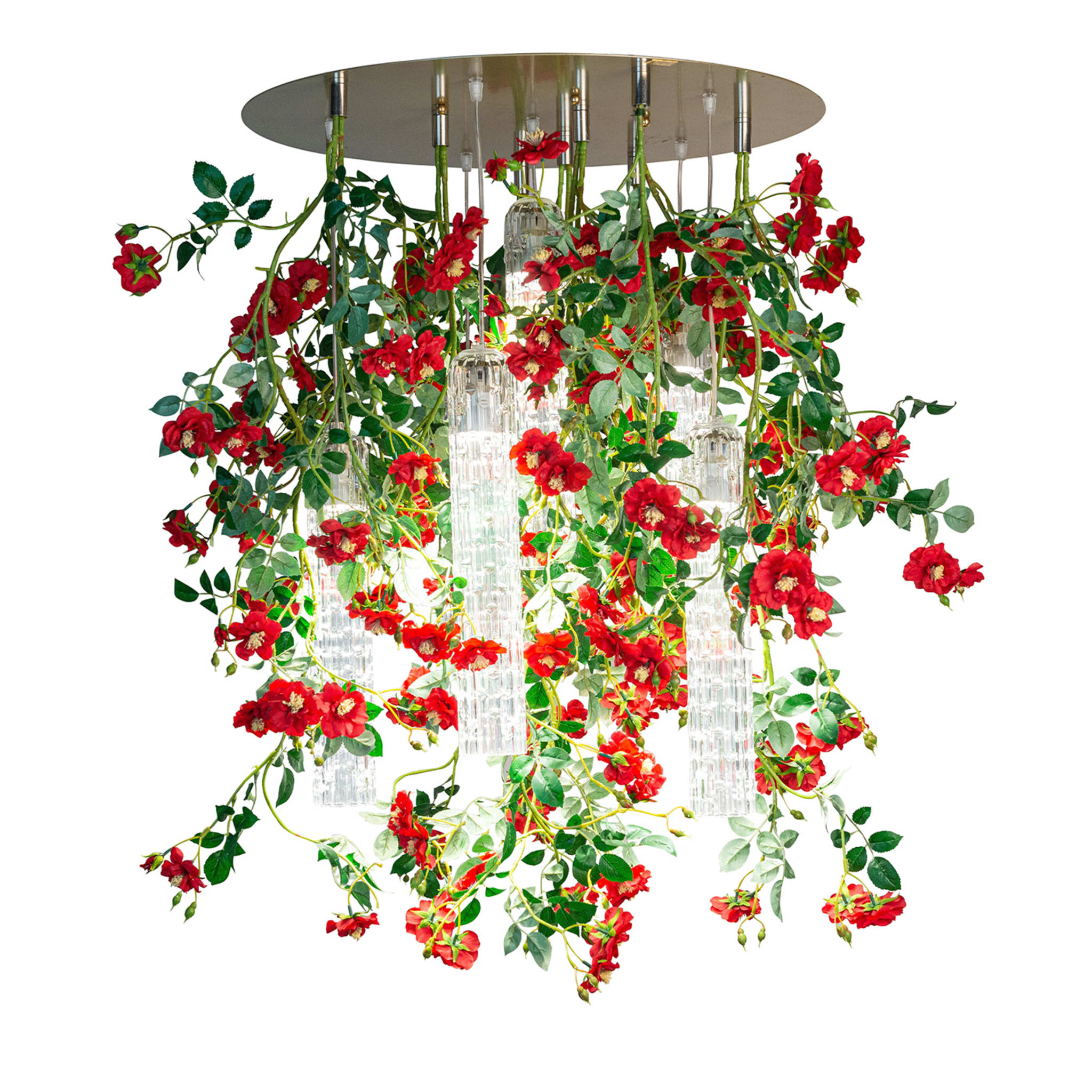 Lustre Flower Power Wild Red Roses Round Large Chandelier - Vue principale