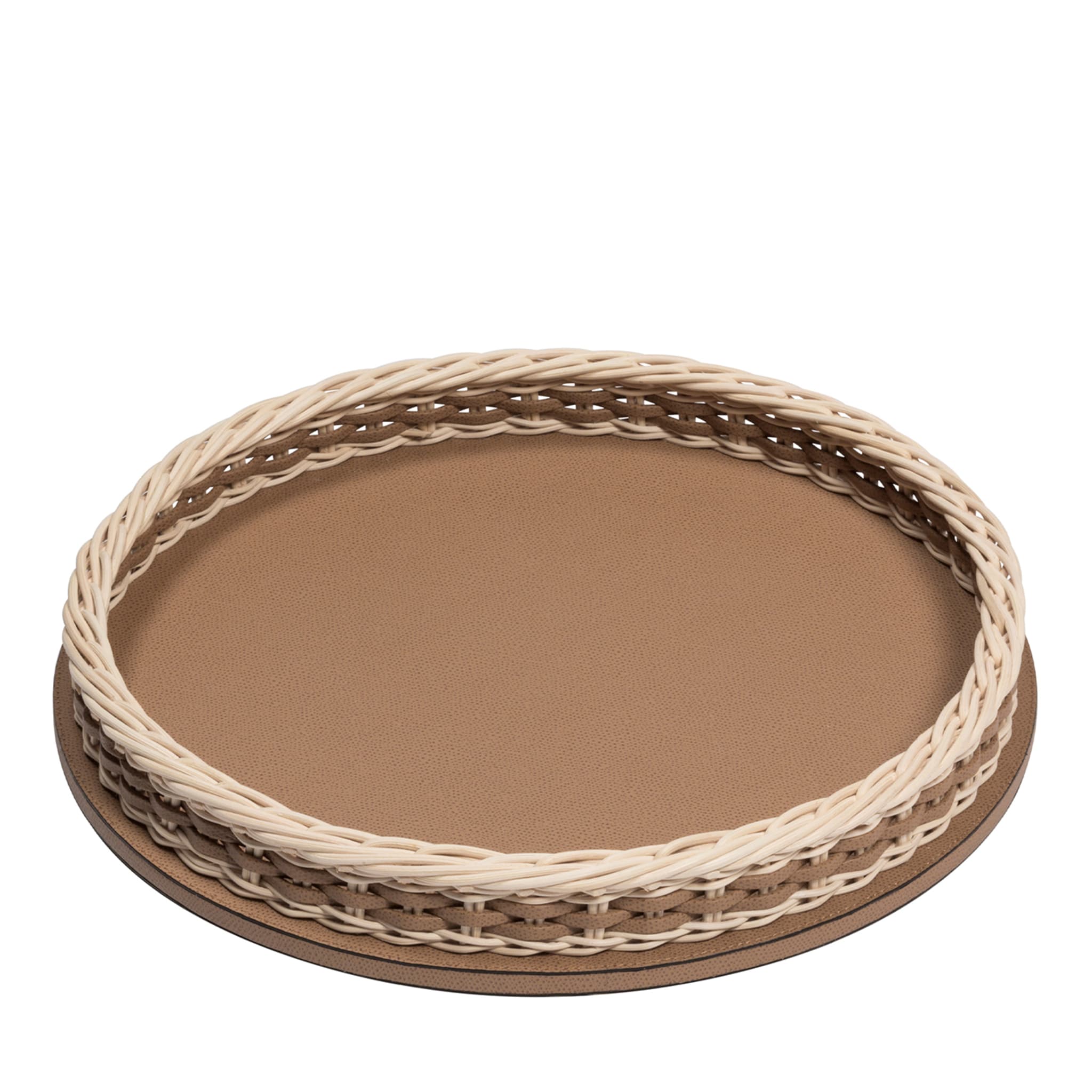 Orsay Brown Leather and Rattan Round Small Tray - Main view