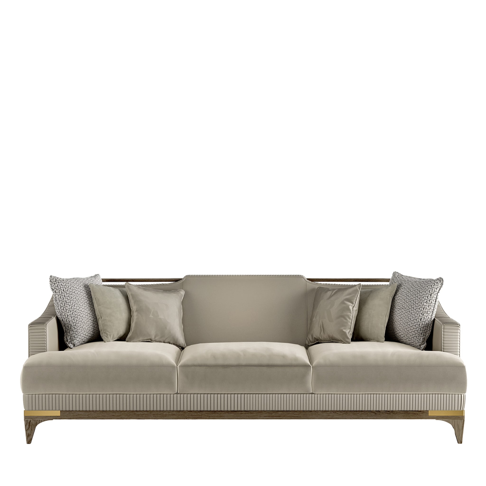 Beige Leather and Fabric 3-Seat Sofa - Main view
