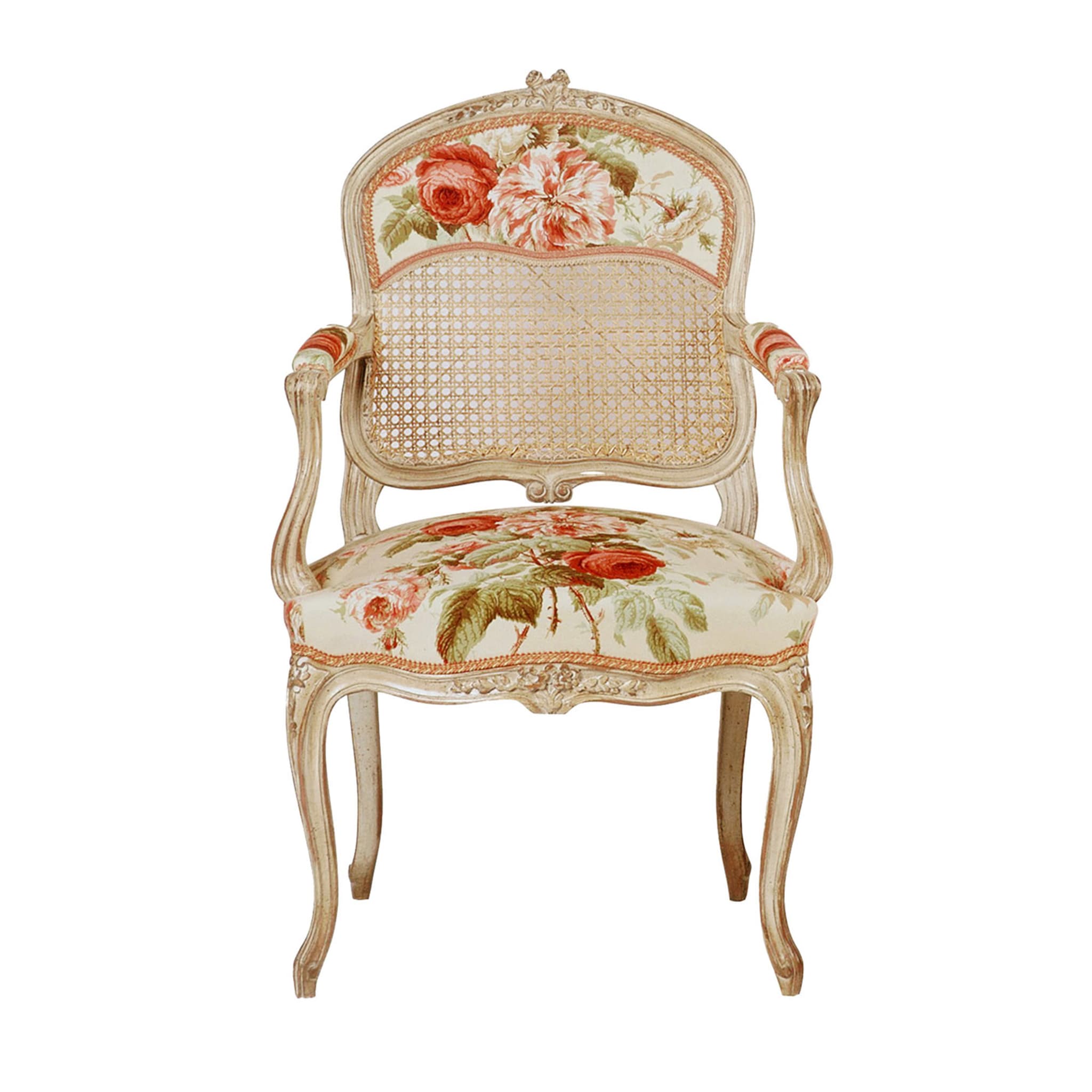 Chaise blanche à fleurs de style Louis XV avec accoudoirs - Vue principale