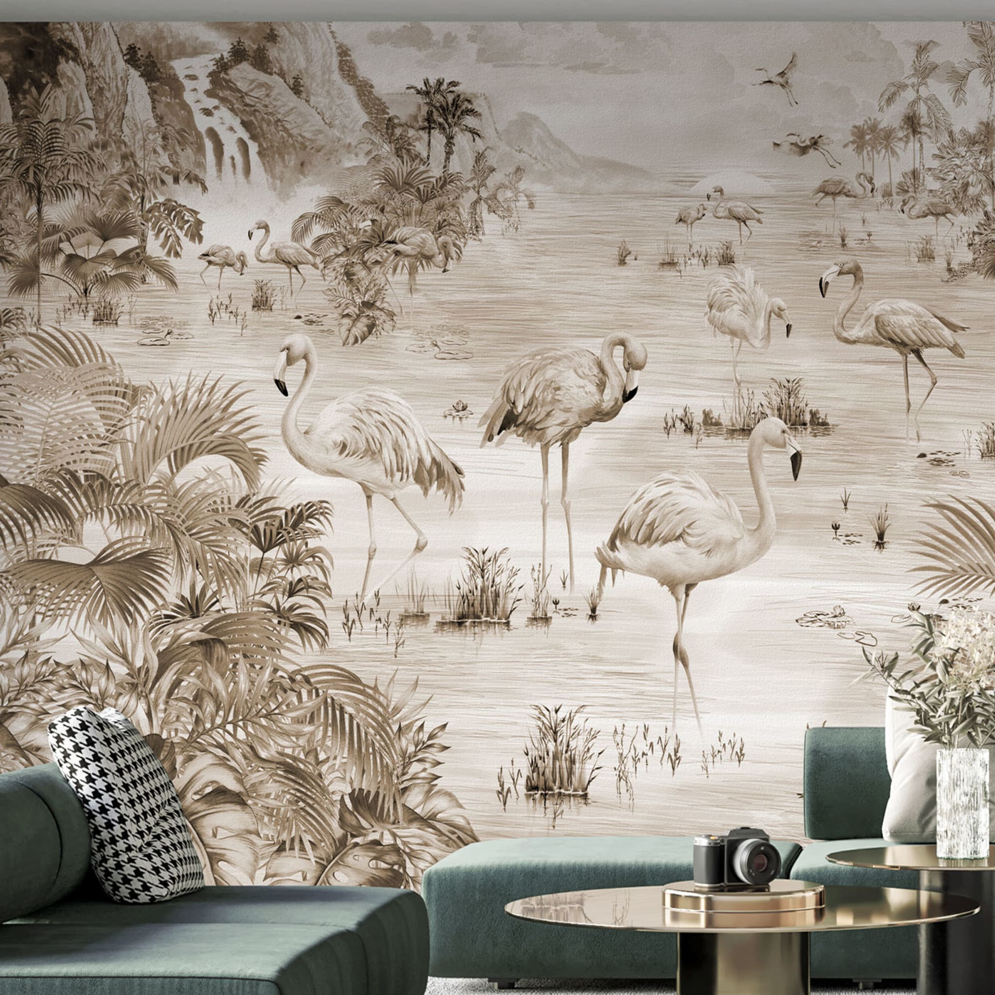 Flamingos Sepia Handcrafted Textured Wallpaper - Alternative view 1