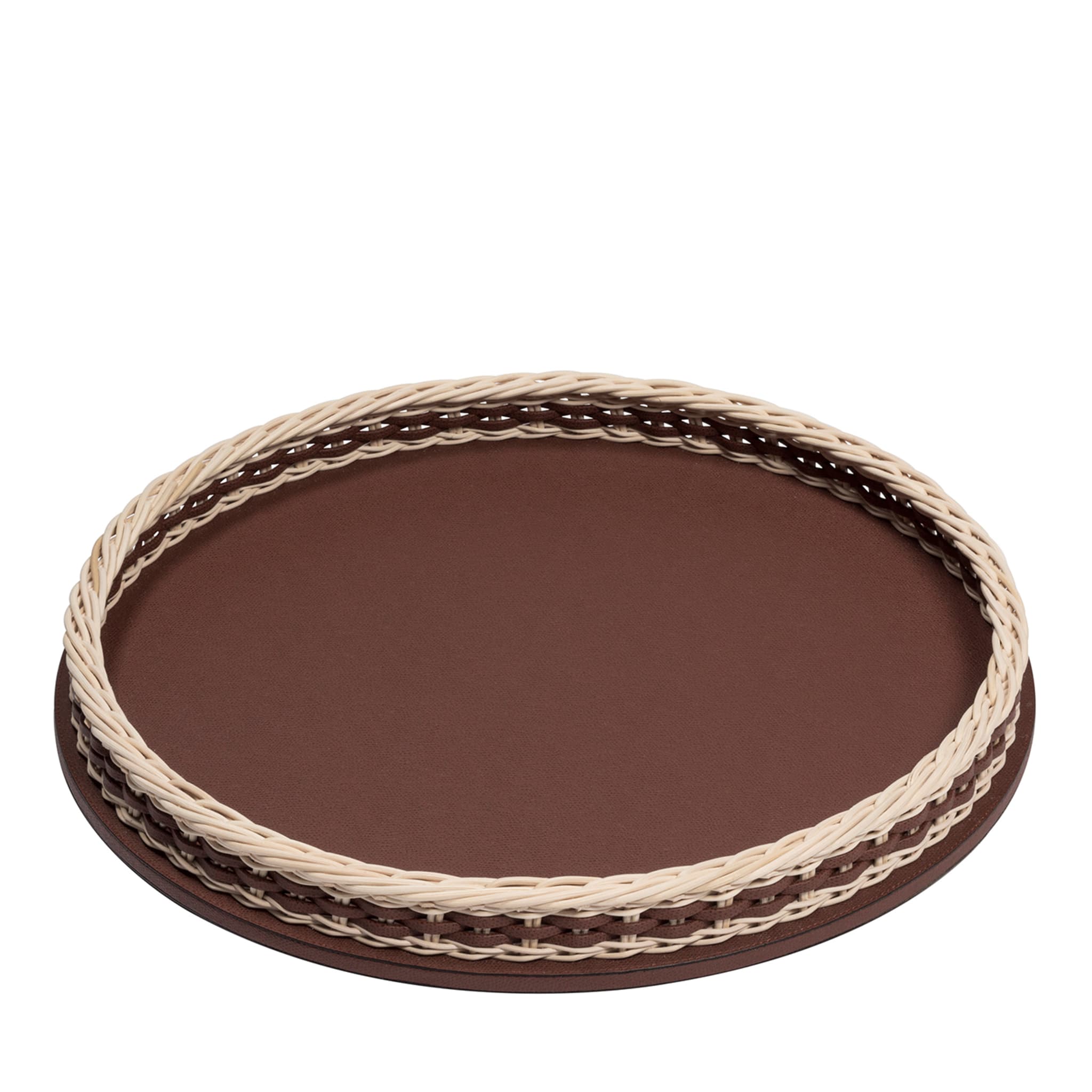 Orsay Dark Brown Leather and Rattan Round Large Tray - Main view