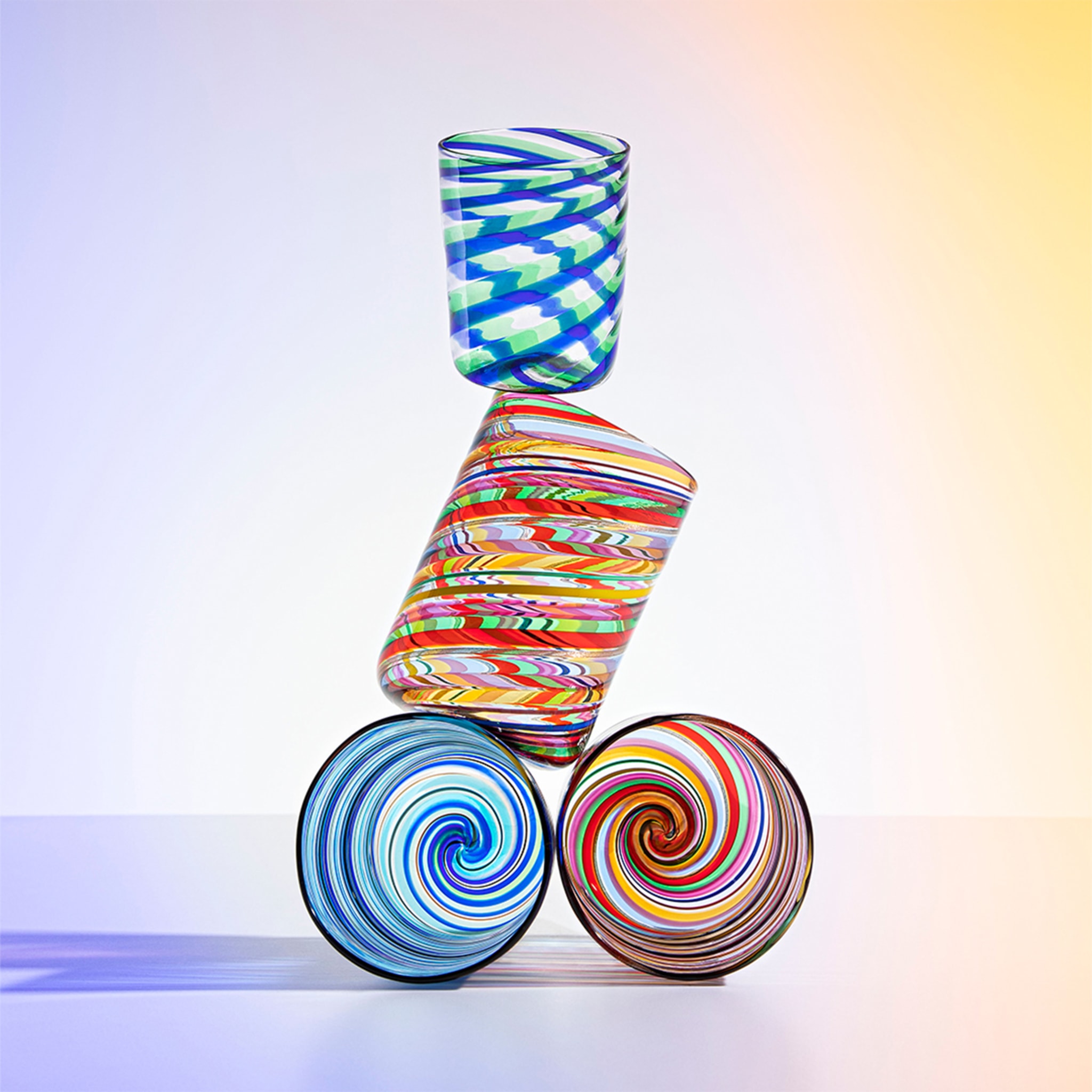 Rainbow Swirl Set of 2 Mouth-Blown Blue & Green Shot Tumblers  - Alternative view 4