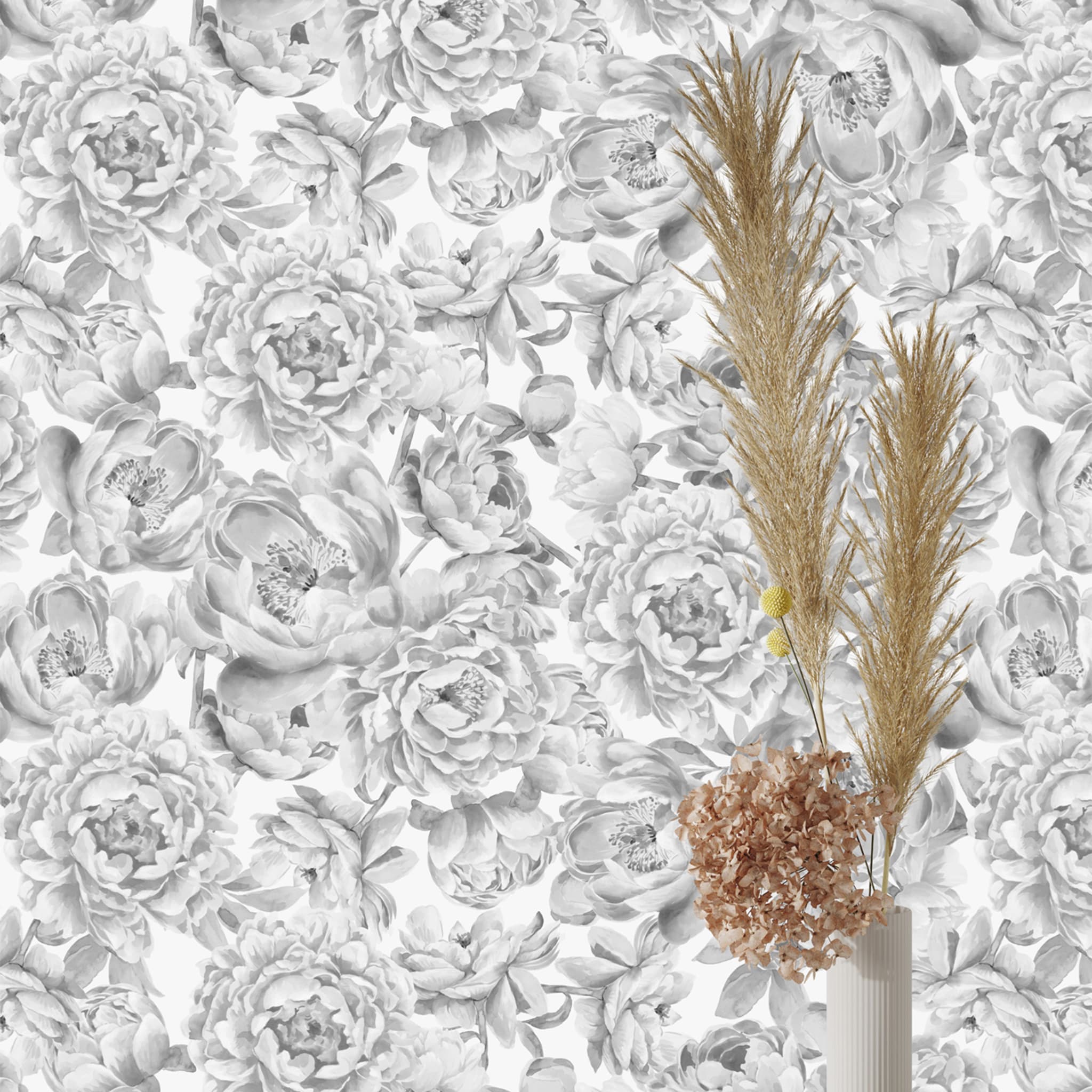 Black and White Monochromatic Floral Peony Wallpaper - Alternative view 1