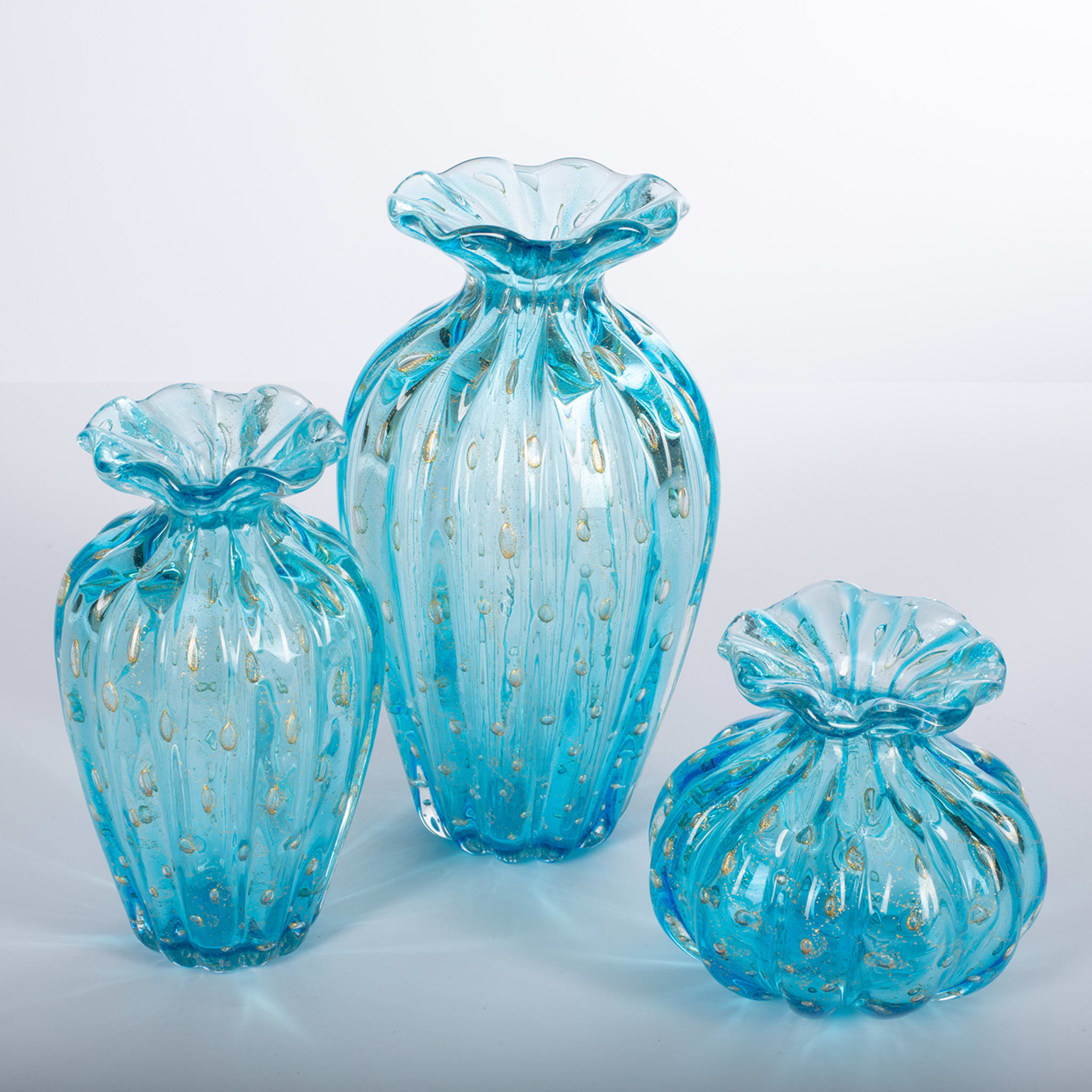 1950 Ensemble de 3 vases bleu clair avec bulles d'or - Vue alternative 3