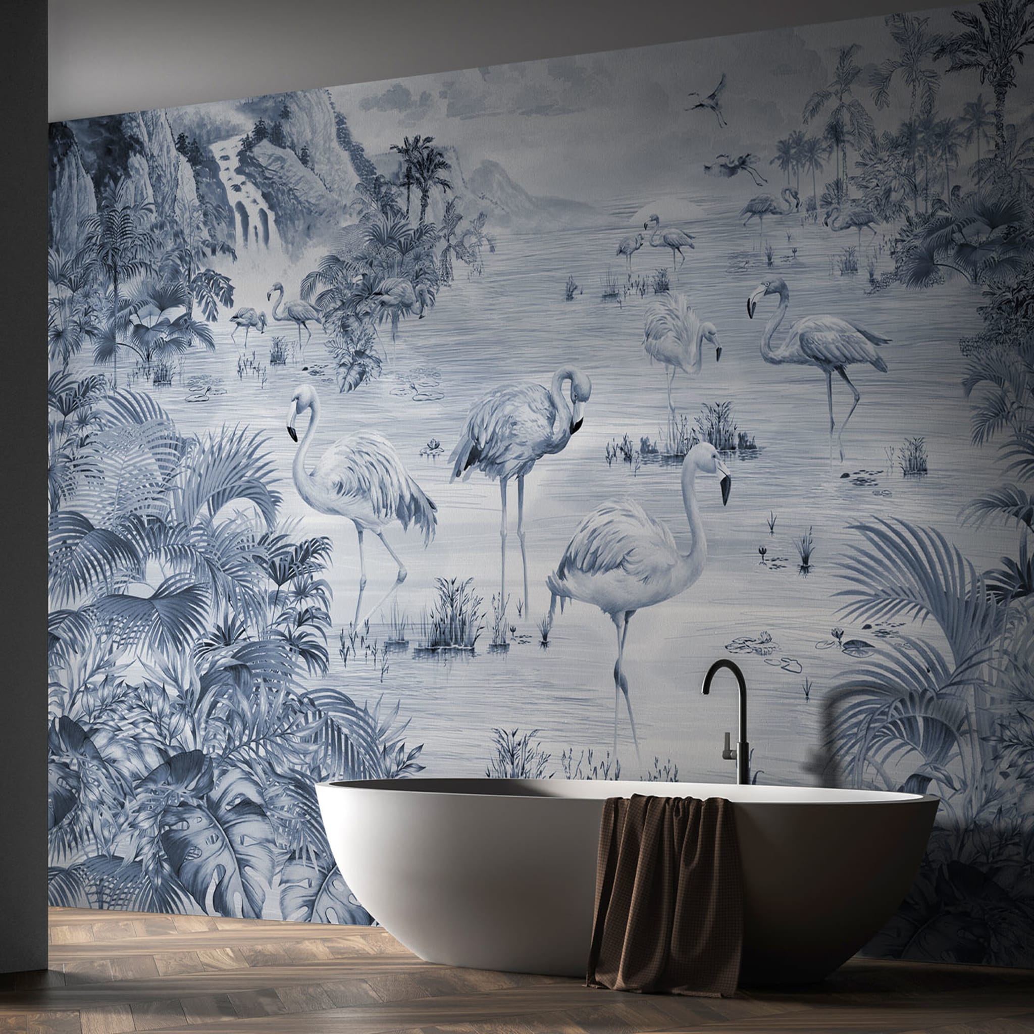 Flamingos Blue Handcrafted Textured Wallpaper - Alternative view 2