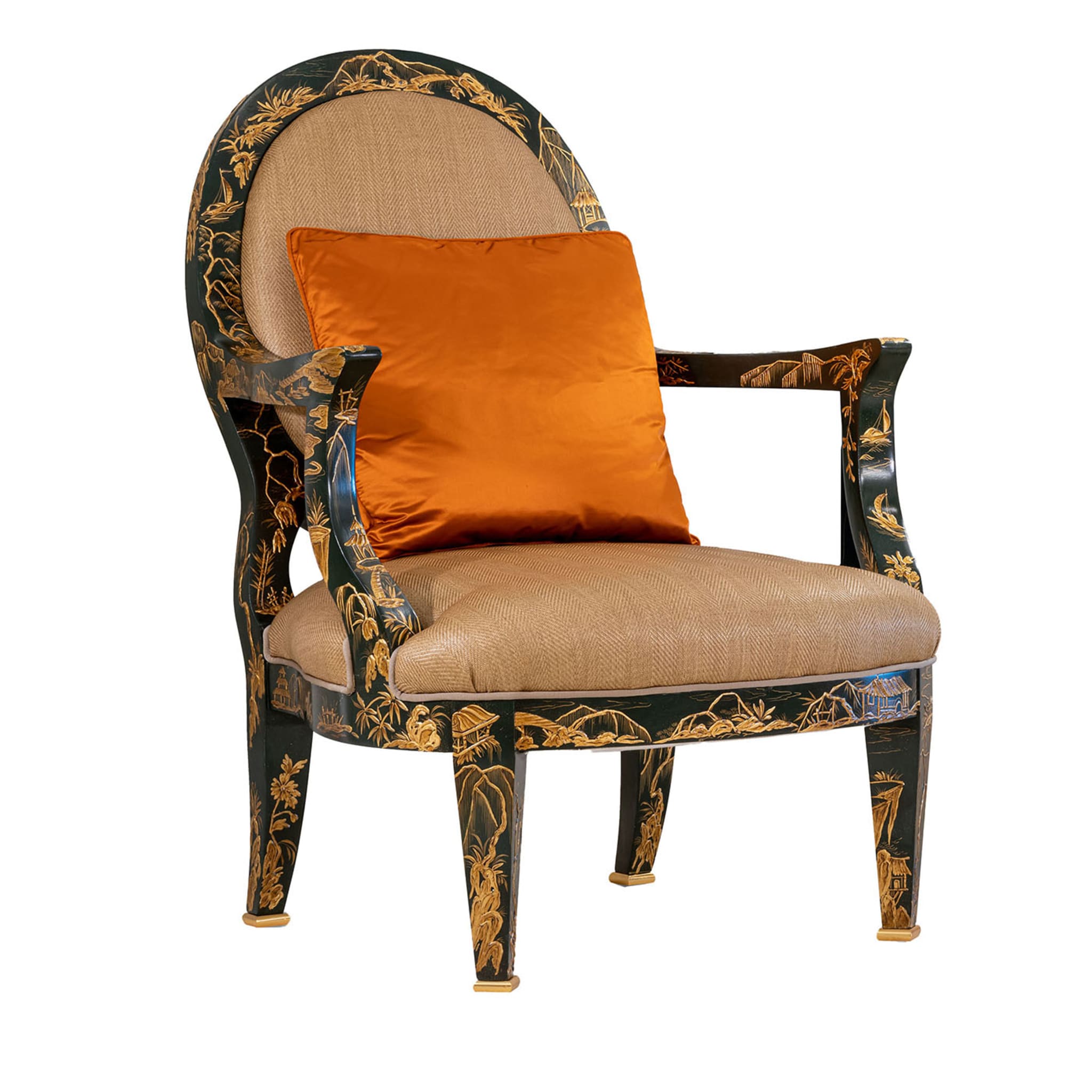 Dunkelgrüner und goldener Sessel im Deco-Stil  - Hauptansicht