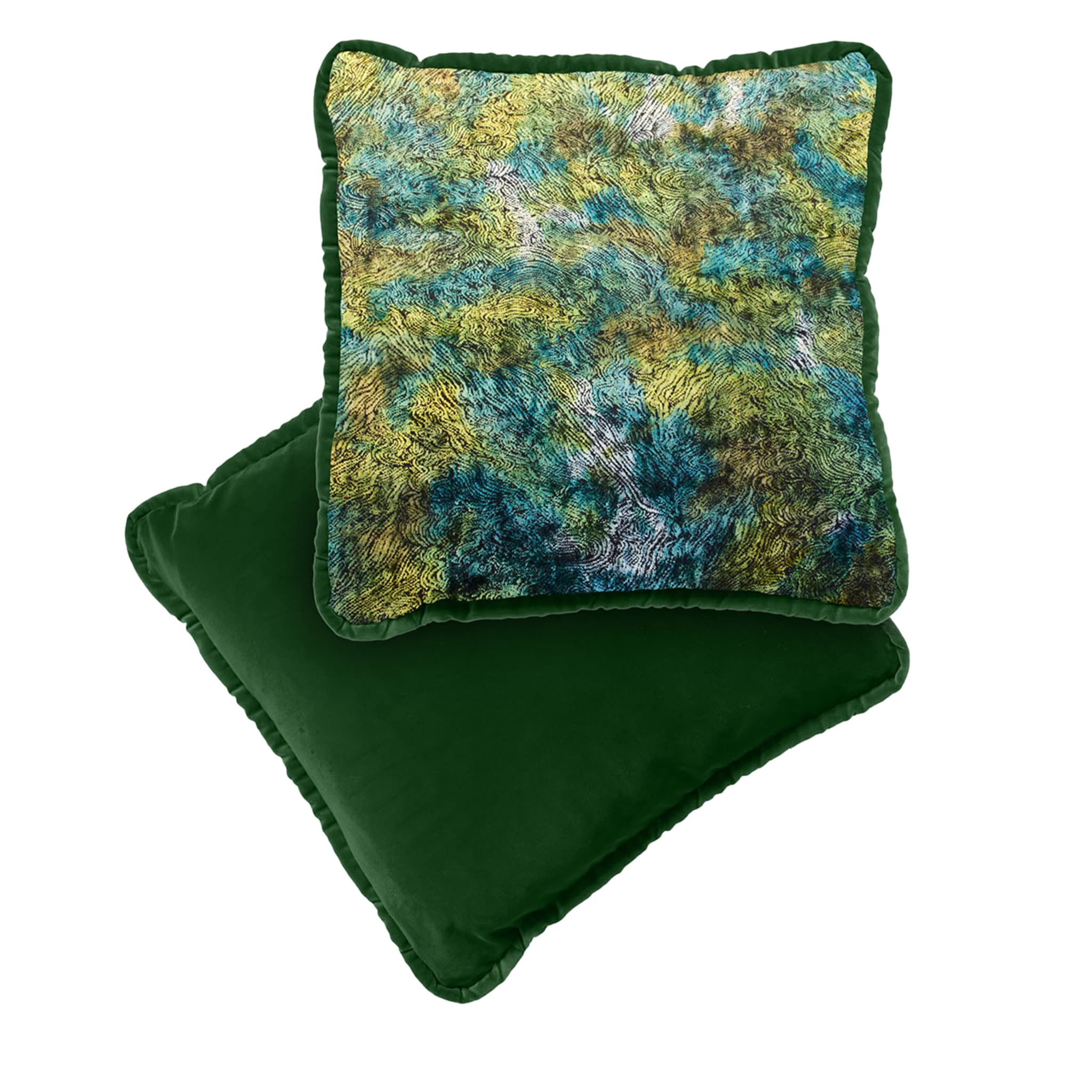 Cuscino reversibile in velluto verde smeraldo e paradiso dei pavoni - Vista alternativa 1