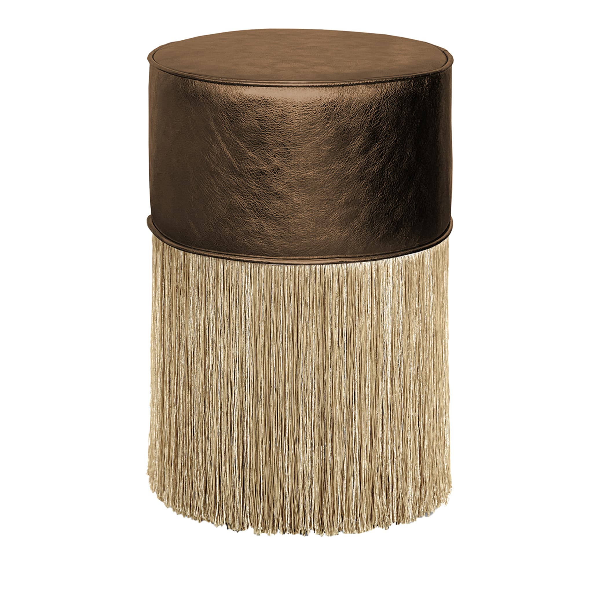 Gleaming Brown Leather Gold Fringes Pouf by Lorenza Bozzoli - Main view