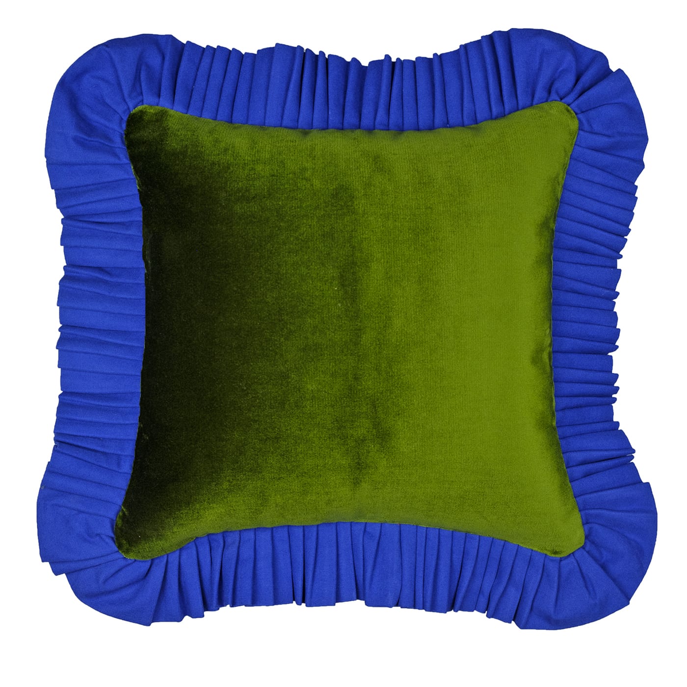 Green Velvet Cushion Cover with Blue Ruffle - In Casa by Paboy