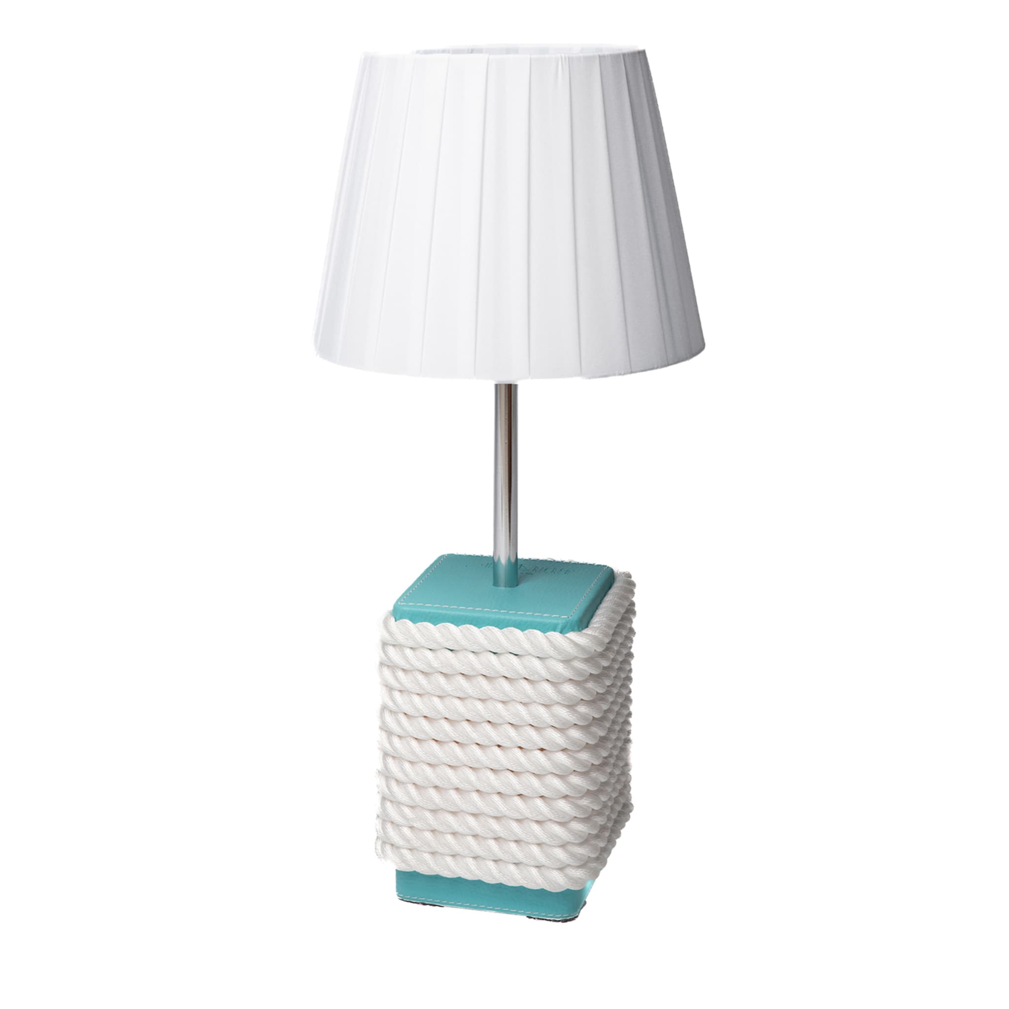 Lampe de table moyenne à coupe carrée turquoise et blanche - Vue principale