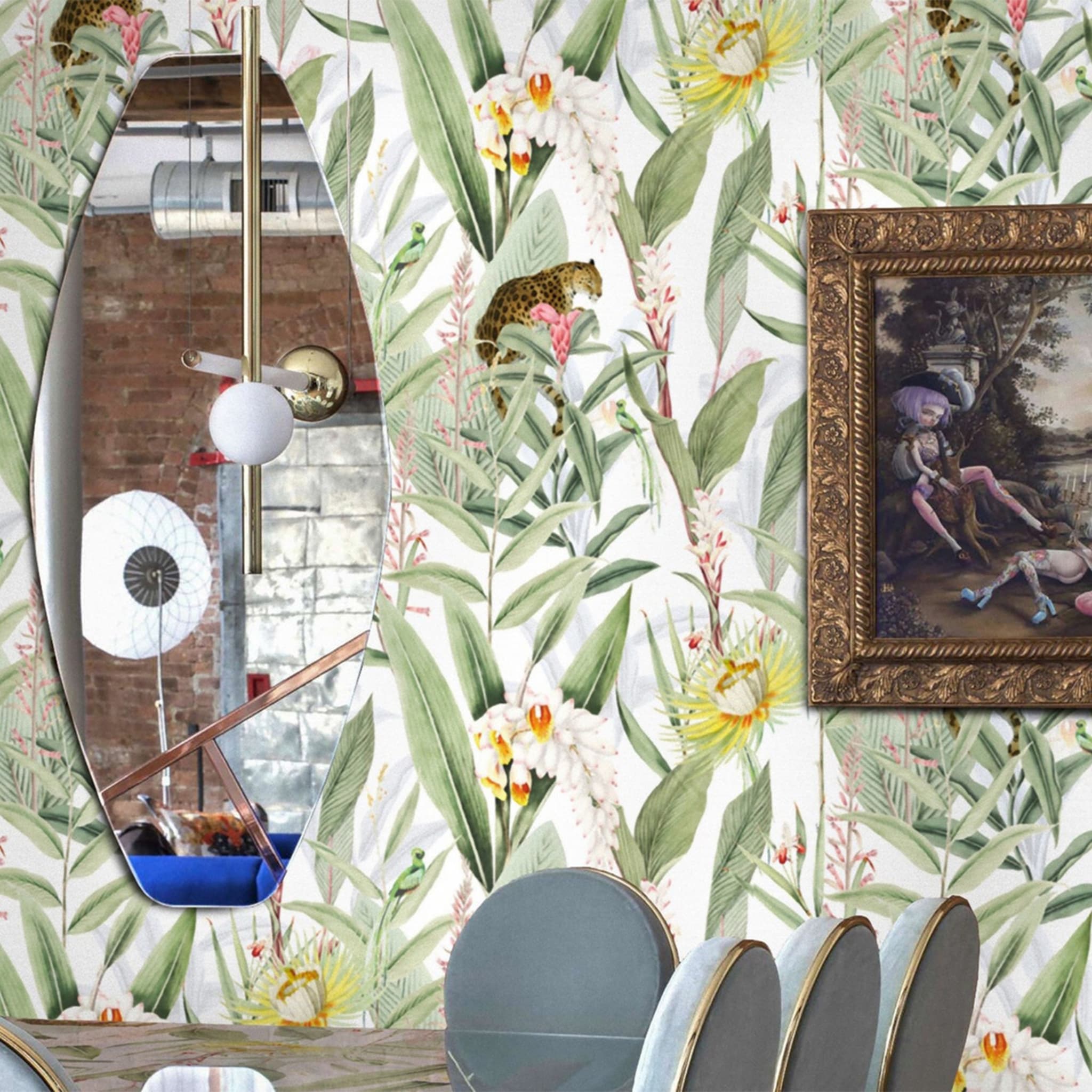 Vintage Tropical Forest with Jaguars and Parrots Wallpaper - Alternative view 1