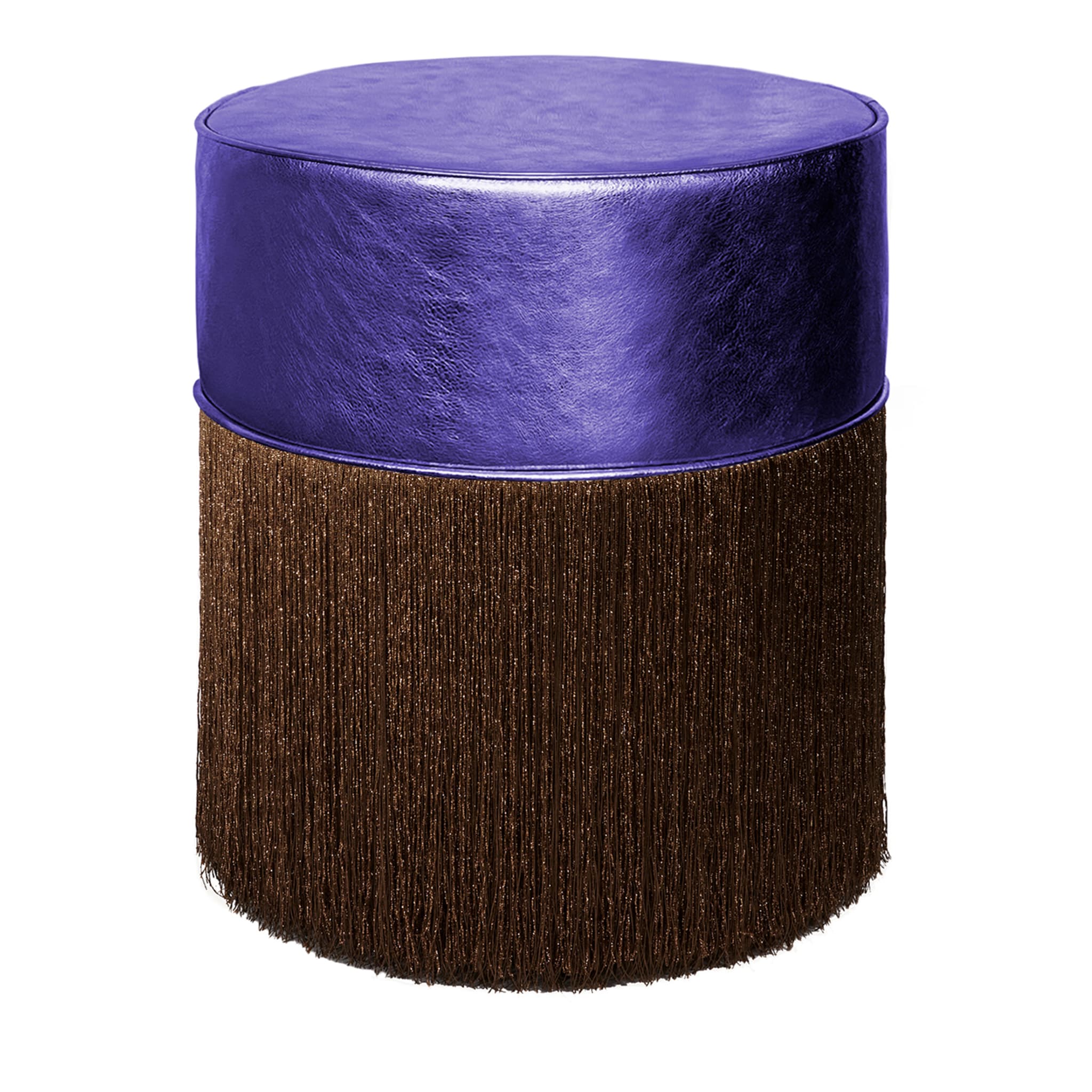 Pouf en cuir violet brillant à franges brunes par Lorenza Bozzoli - Vue principale