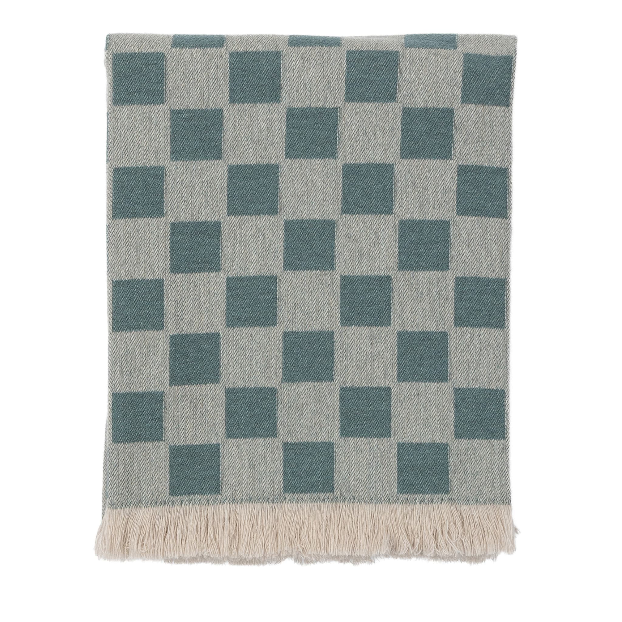 Fringed Chessboard-Patterned Green Blanket - Main view