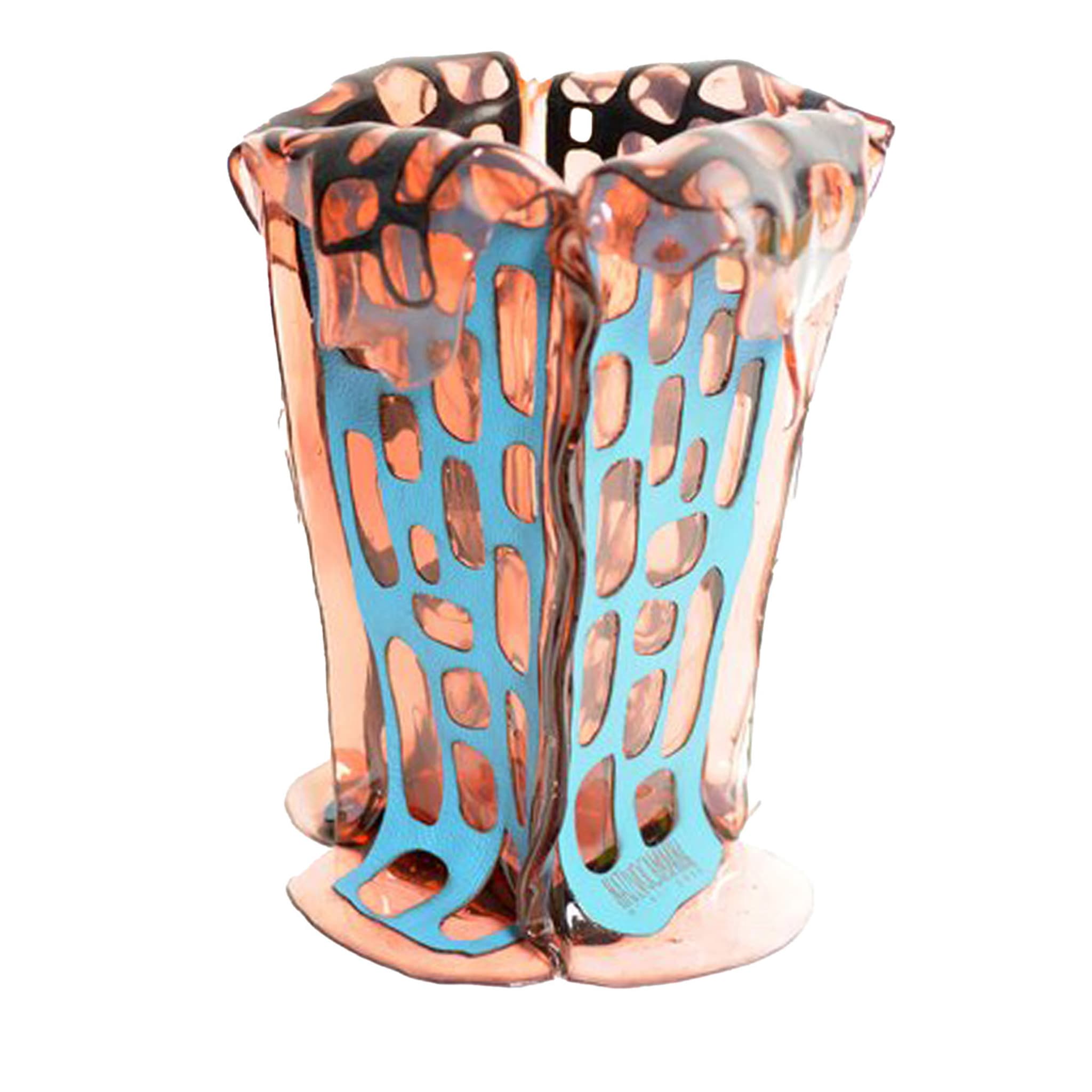 Vase moyen Sagarana en cuir rose clair et turquoise - Vue principale