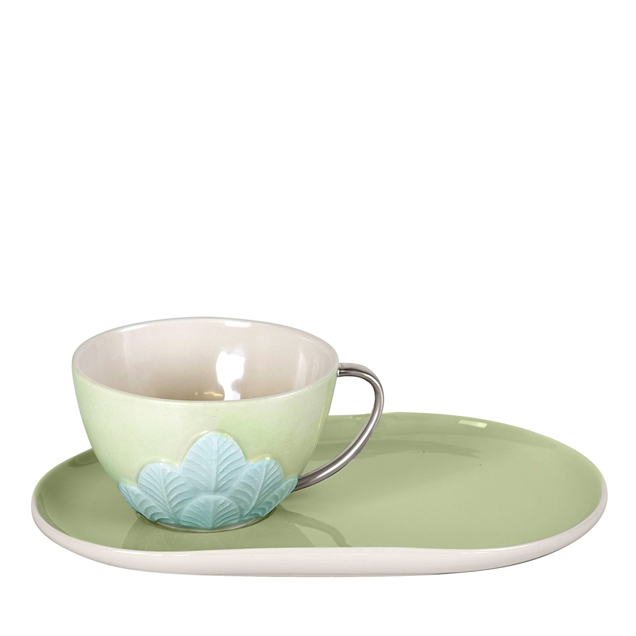 PEACOCK TEA CUP WITH DELIGHT DISH - GREEN AND SILVER - Main view