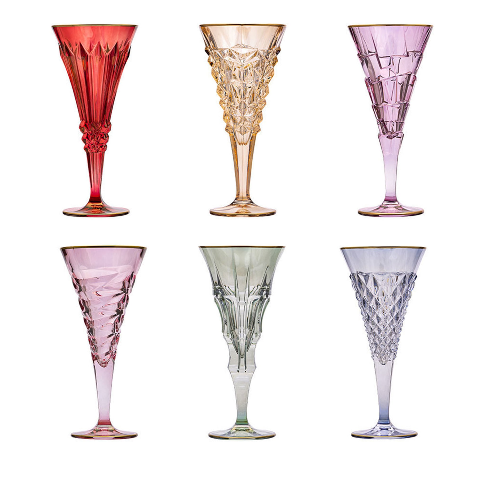 Six Set of 6 Multicolor Champagne Flutes Griffe Montenapoleone by Vetrerie  di Empoli