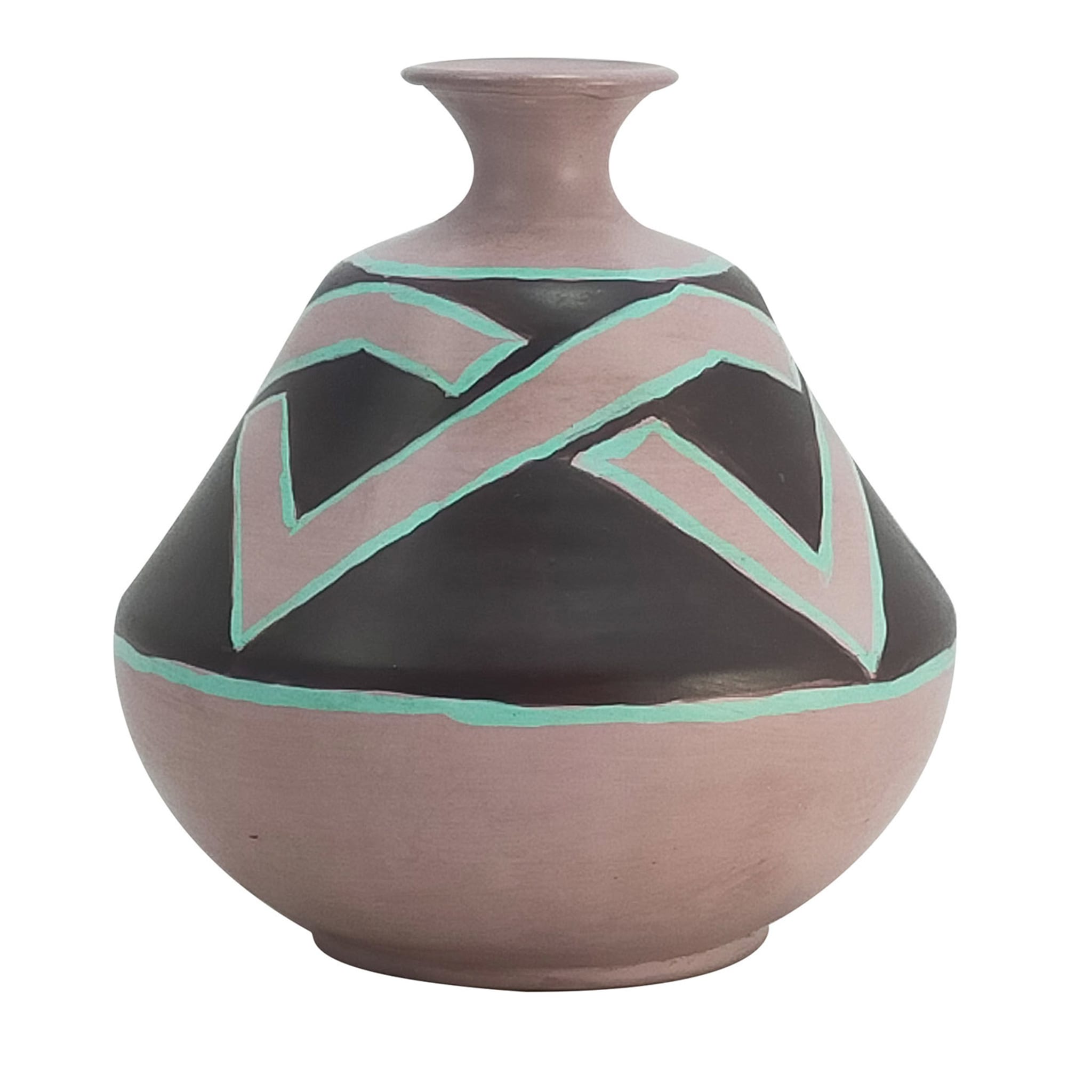 Einstielige Terrakotta-Vase in Taupe/Schwarz/Türkis - Hauptansicht