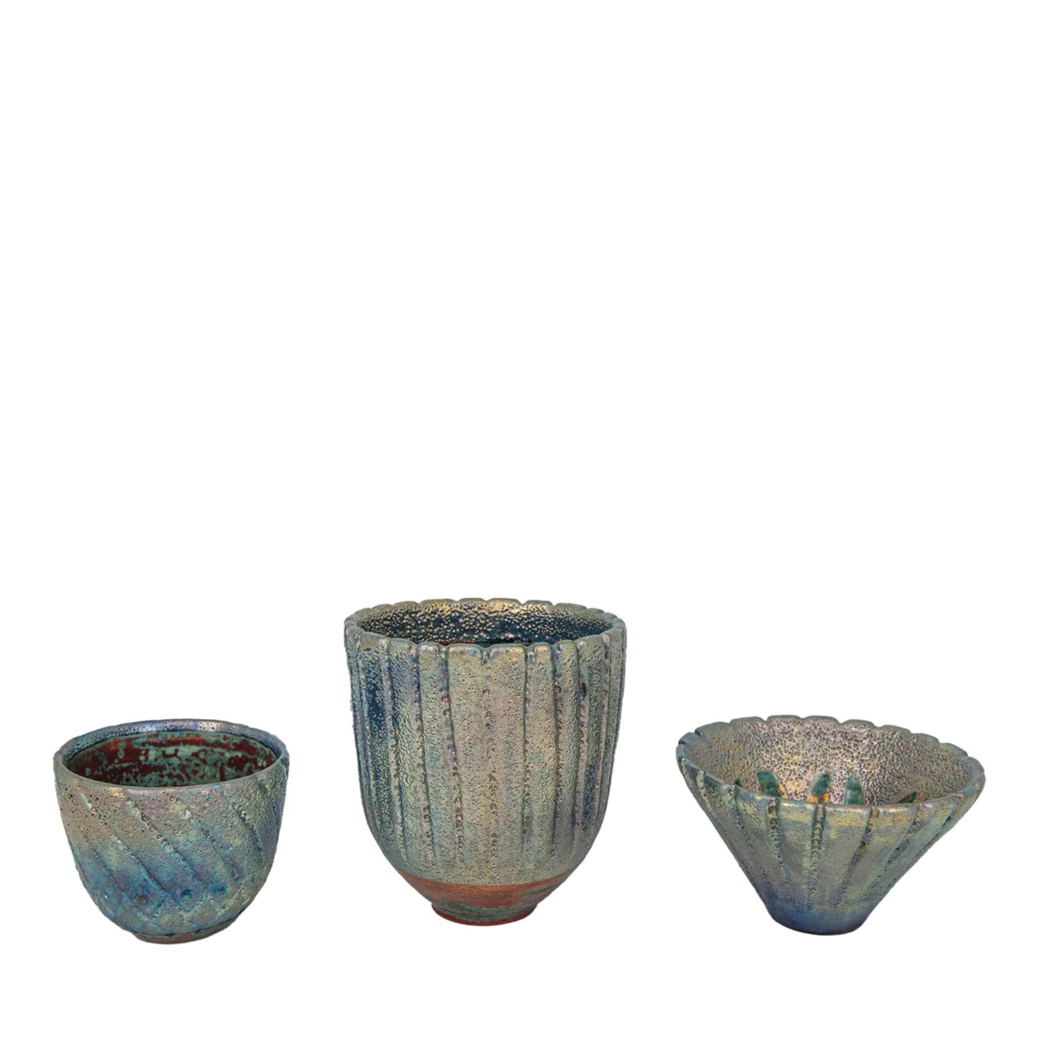 Set of 3 Ribbed Copper and Silver Lustre Bowls - Main view