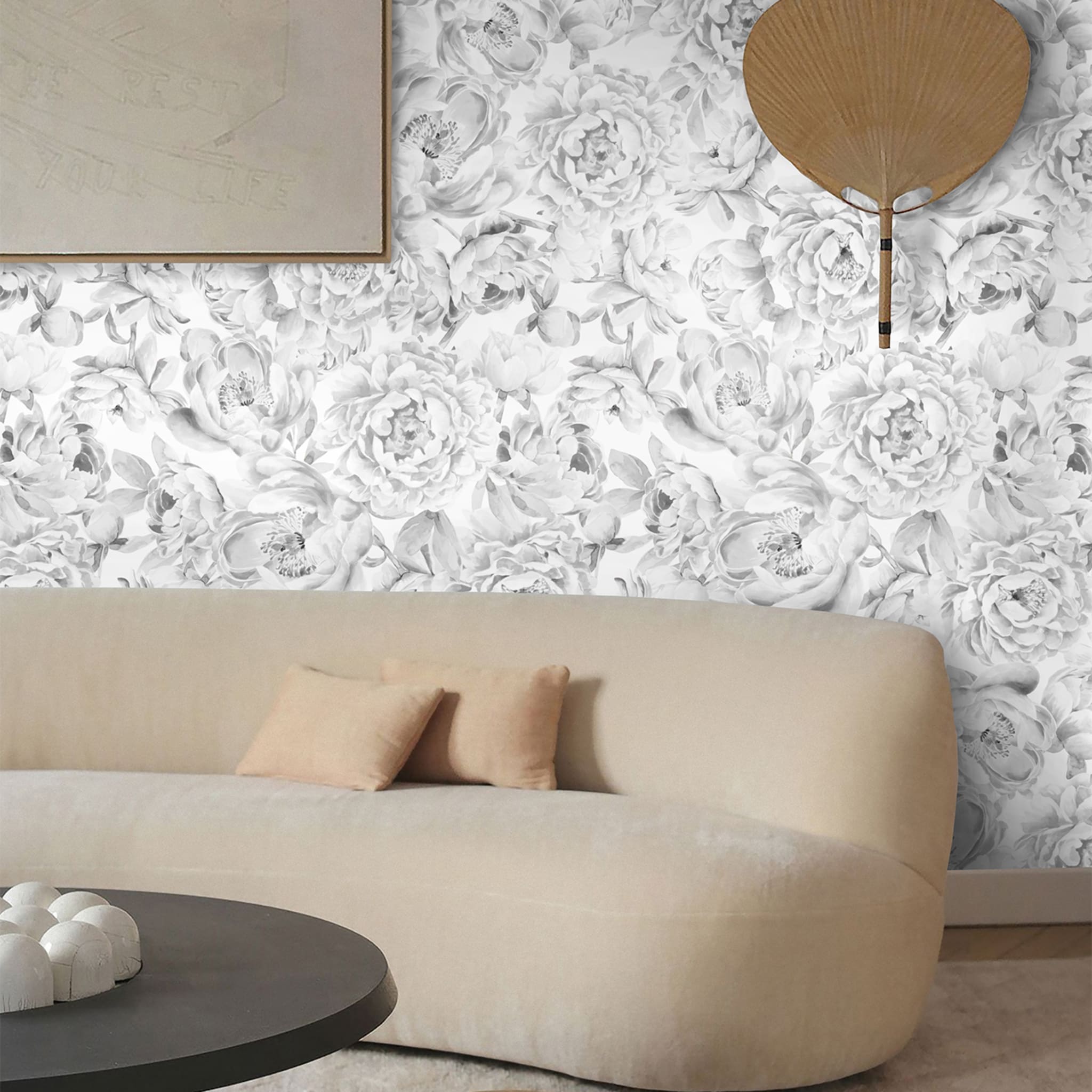Papier peint floral monochromatique noir et blanc à la pivoine - Vue alternative 3