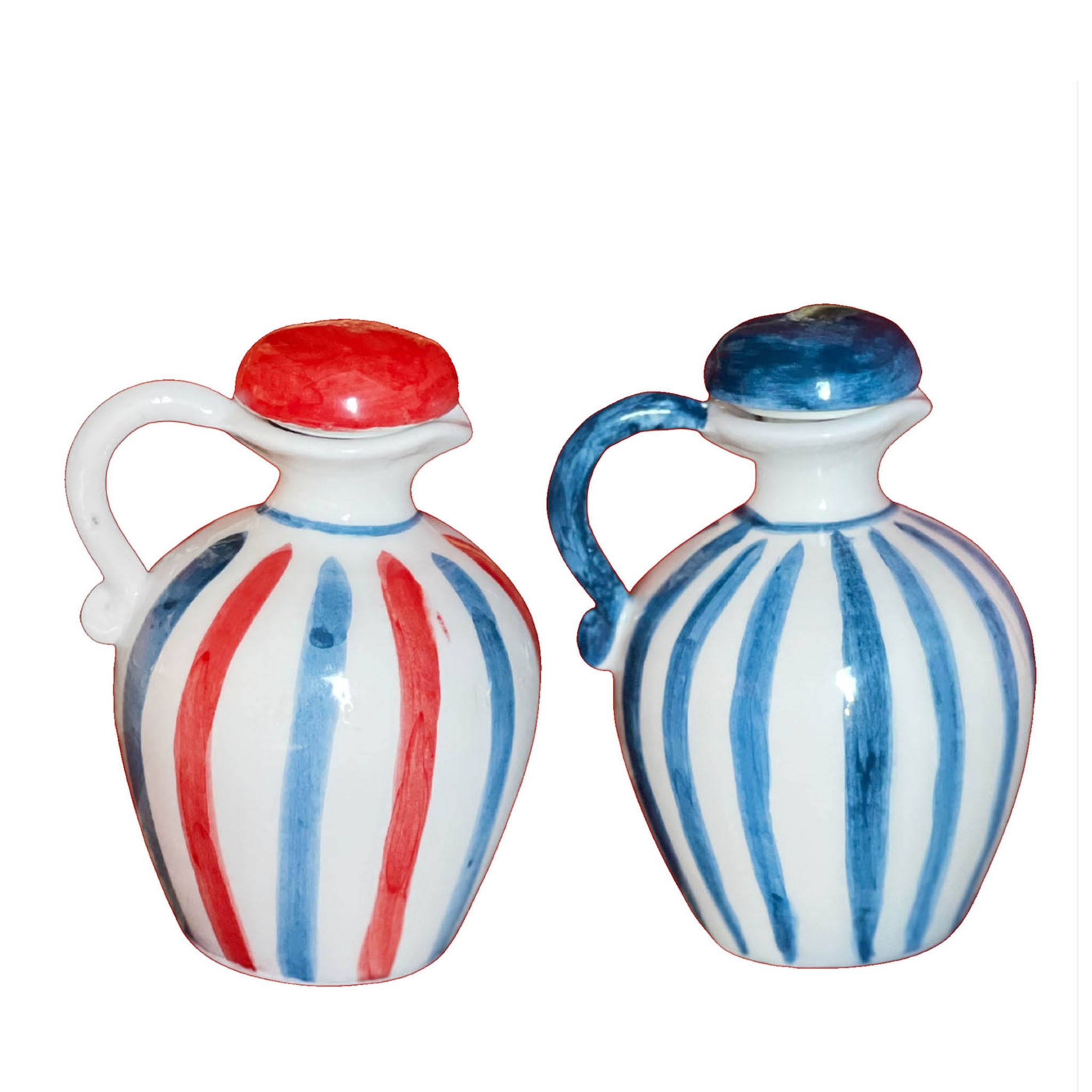 Set of Ceramic Red and Blue Olive Oil and Vinegar Bottles  - Main view