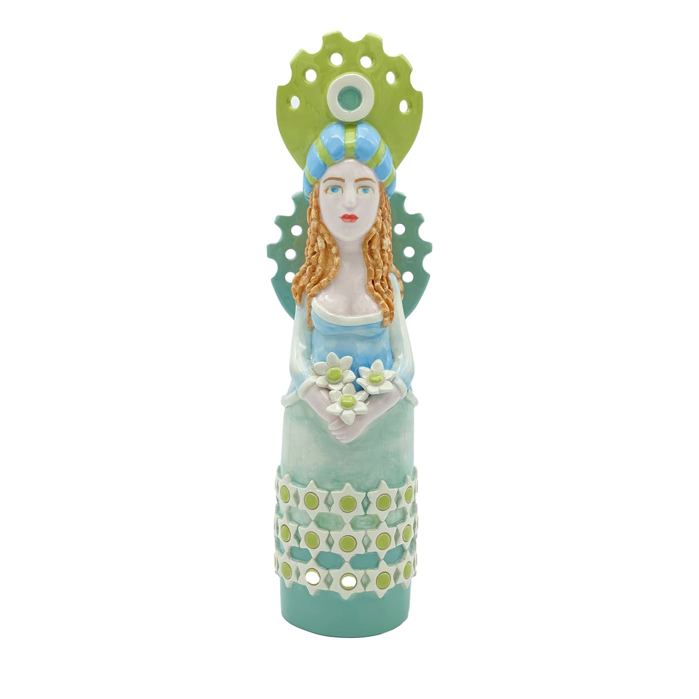 Matrangela with Daisies Green and Turquoise Candleholder - AP Ceramiche