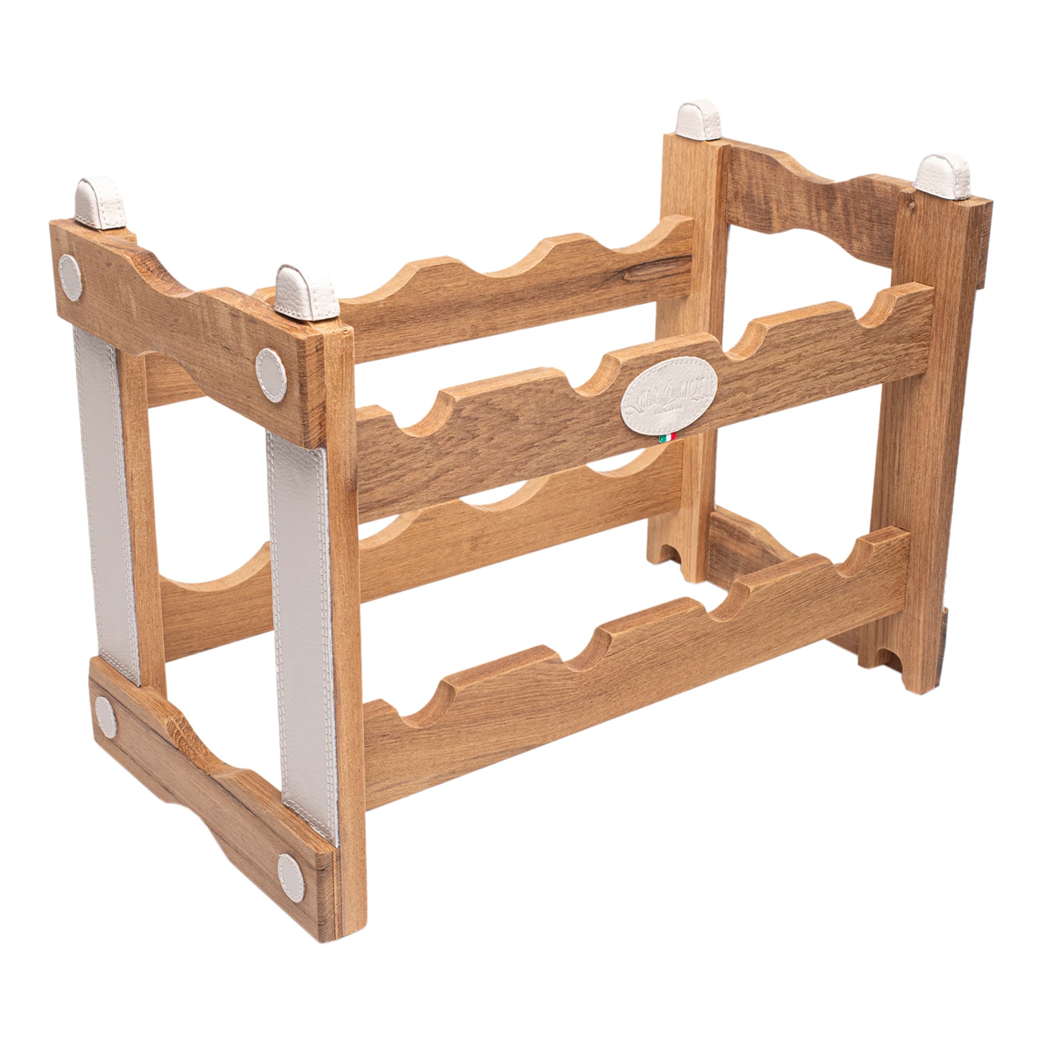 Teak Bottle Rack with Cream Eco-Leather Inserts - Main view