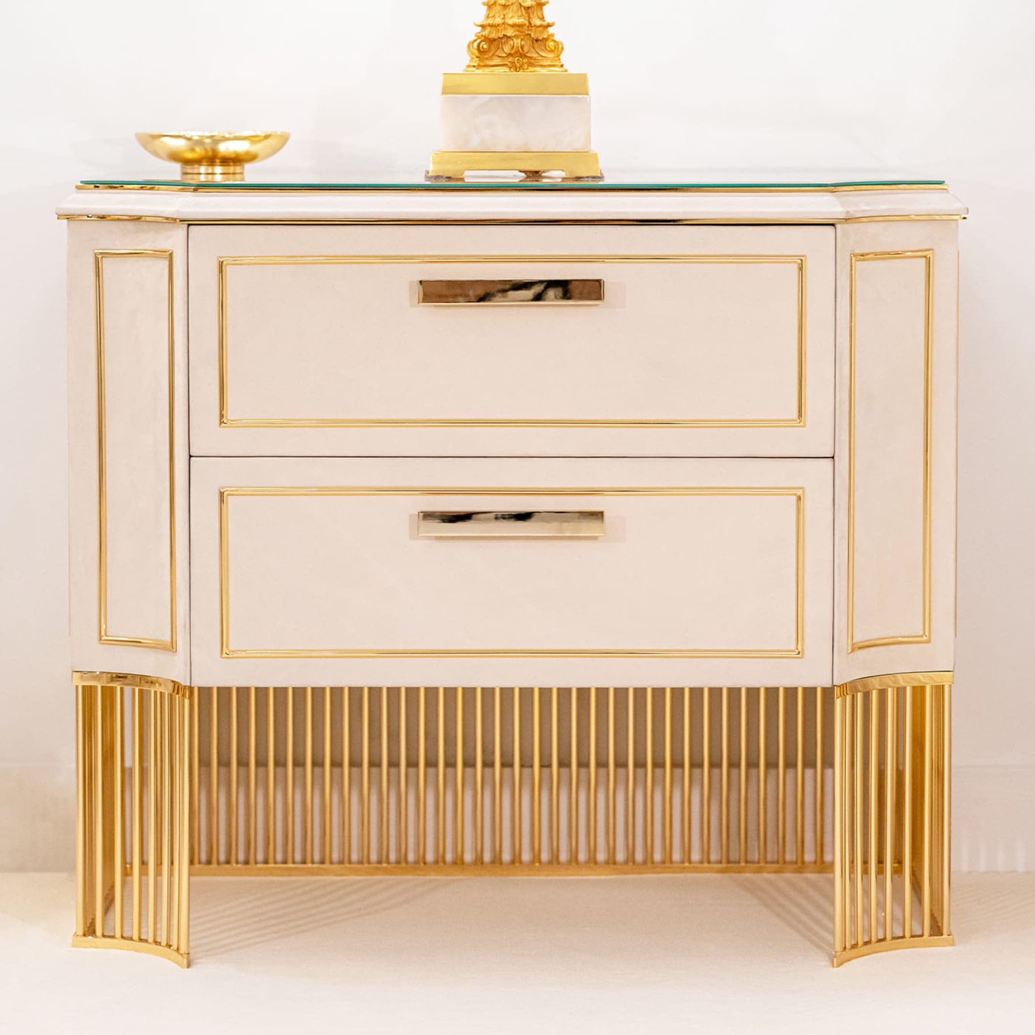 White Leather & Gold-plated Brass Nightstand  - Alternative view 1